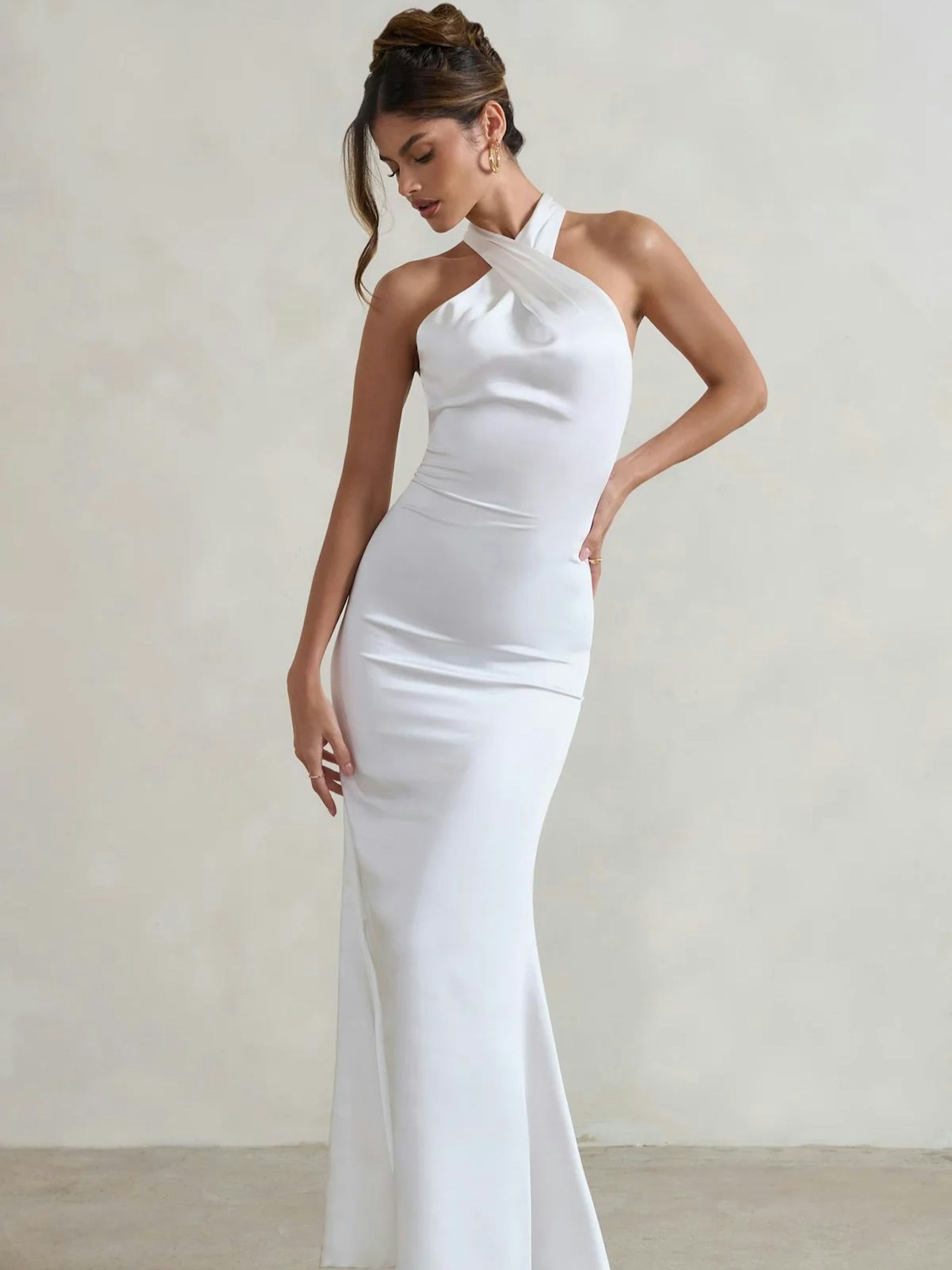 Club L, White Satin Cross Over Halter-Neck Maxi Dress