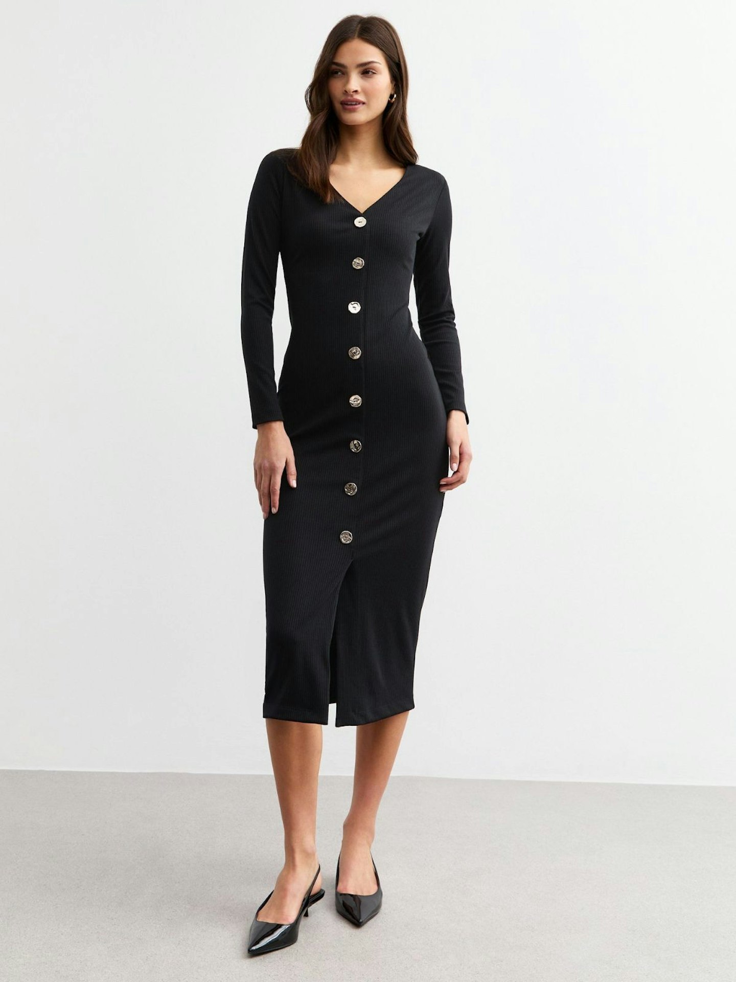 Newlook, Black Ribbed Button Detail Midi Dress