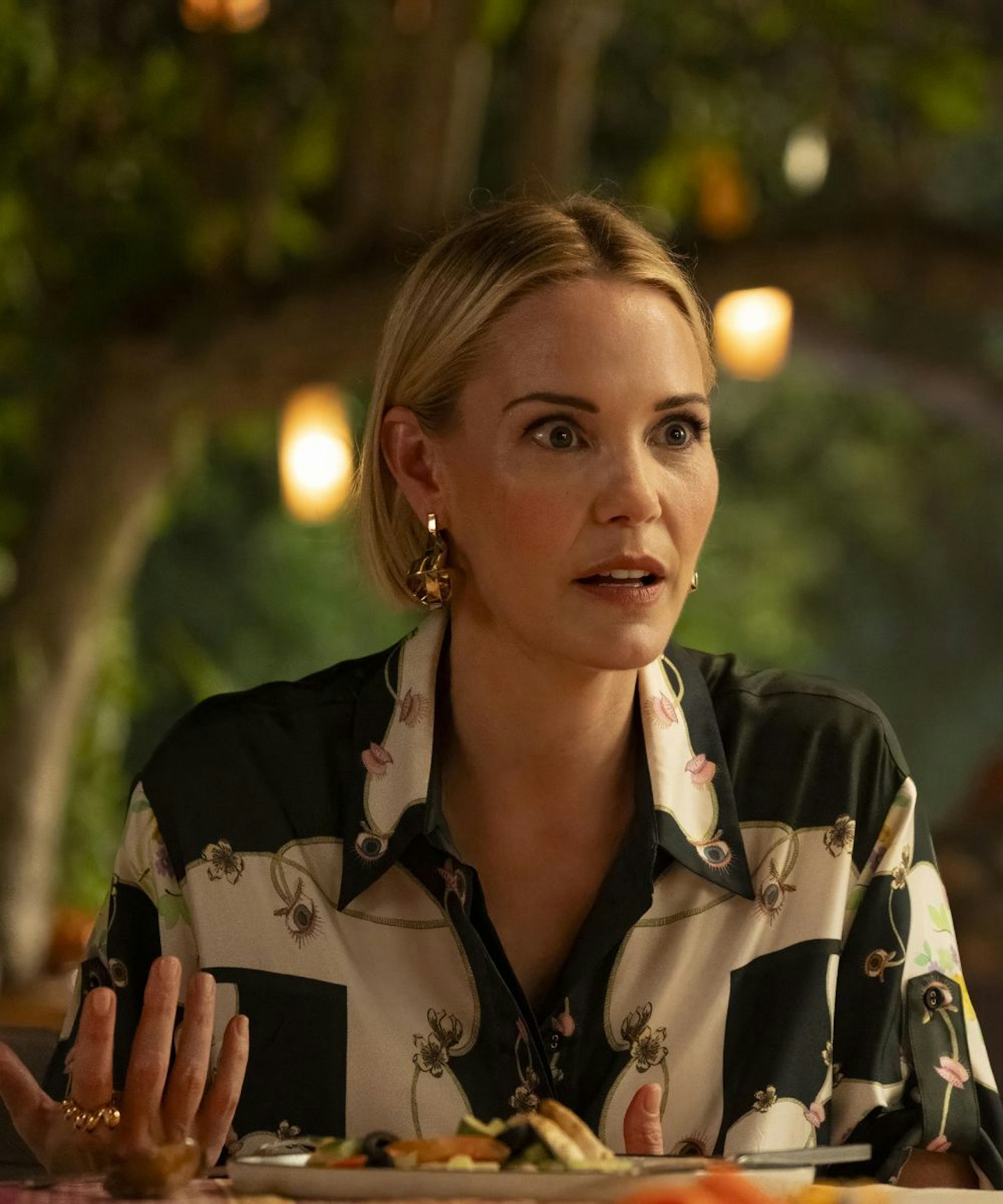 the white lotus season 3 Kate wearing a printed alemais silk shirt