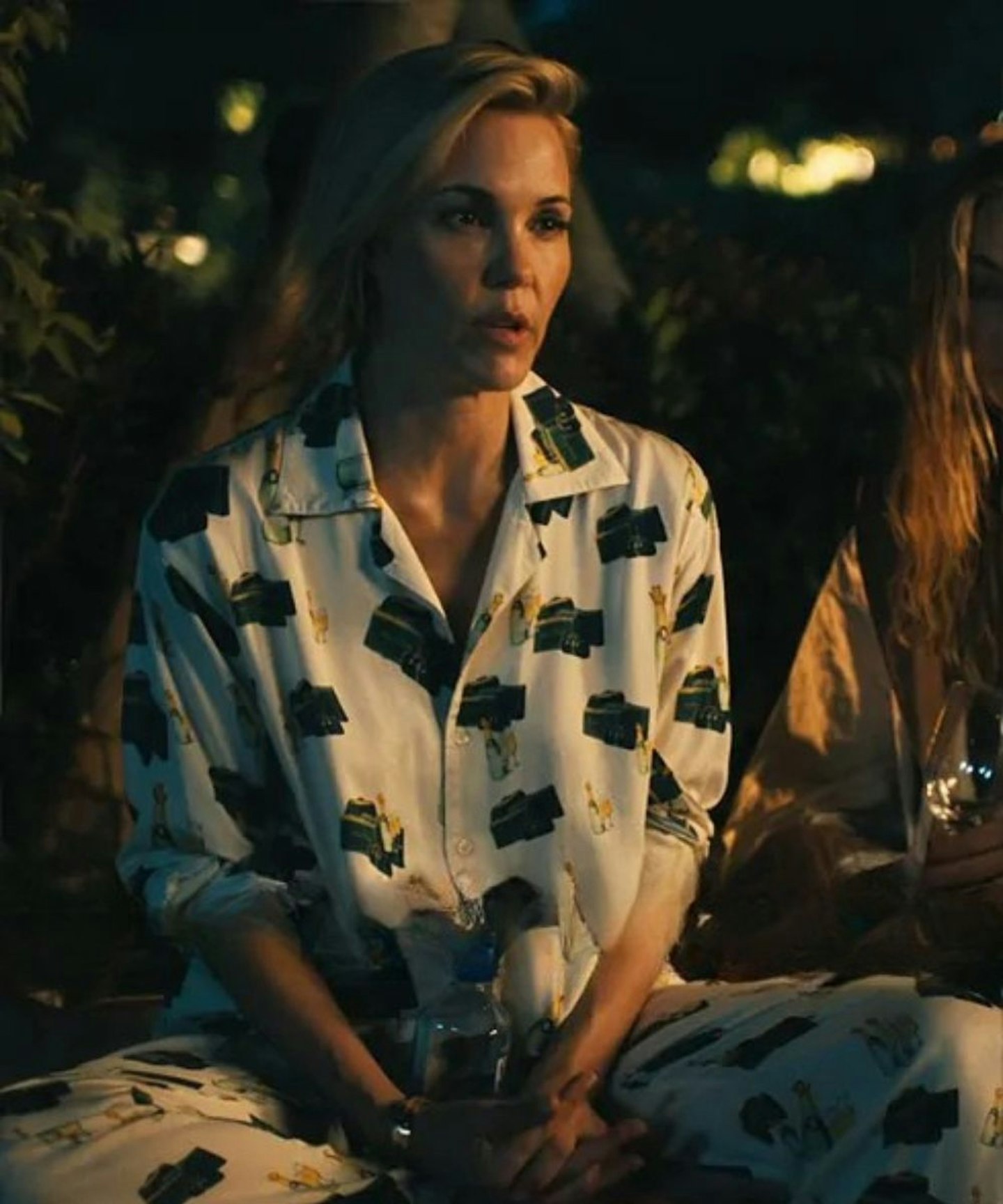 the white lotus season 3 Kate wearing wine print pyjamas