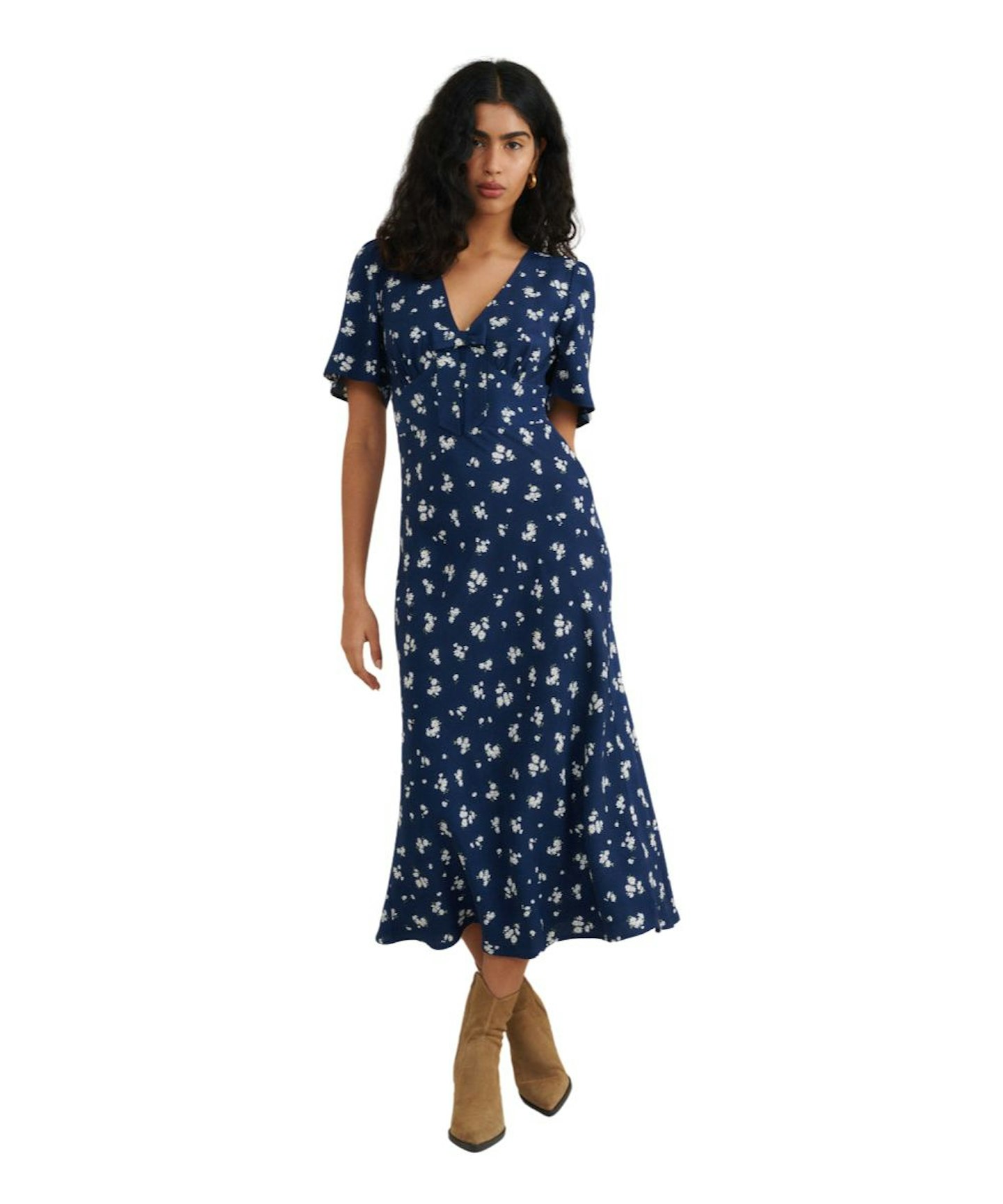 Nobody's Child, Blue Ditsy Floral Bow Front Faith Midi Dress