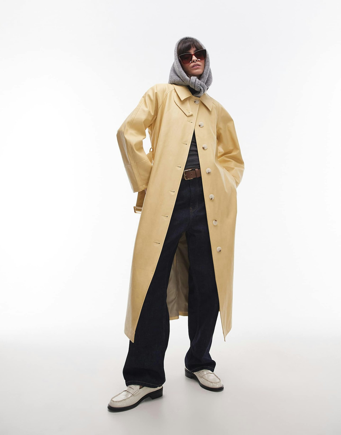 Topshop Long Oversized Faux-Leather Trench Coat In Buttermilk