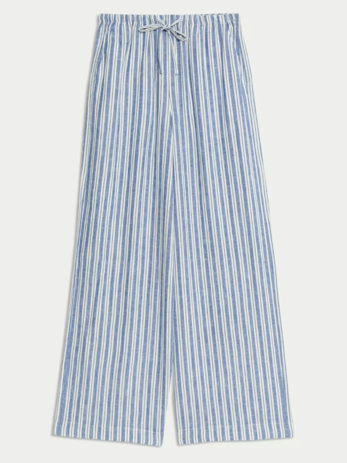 Linen Blend Wide Leg Trousers - Navy Stripe