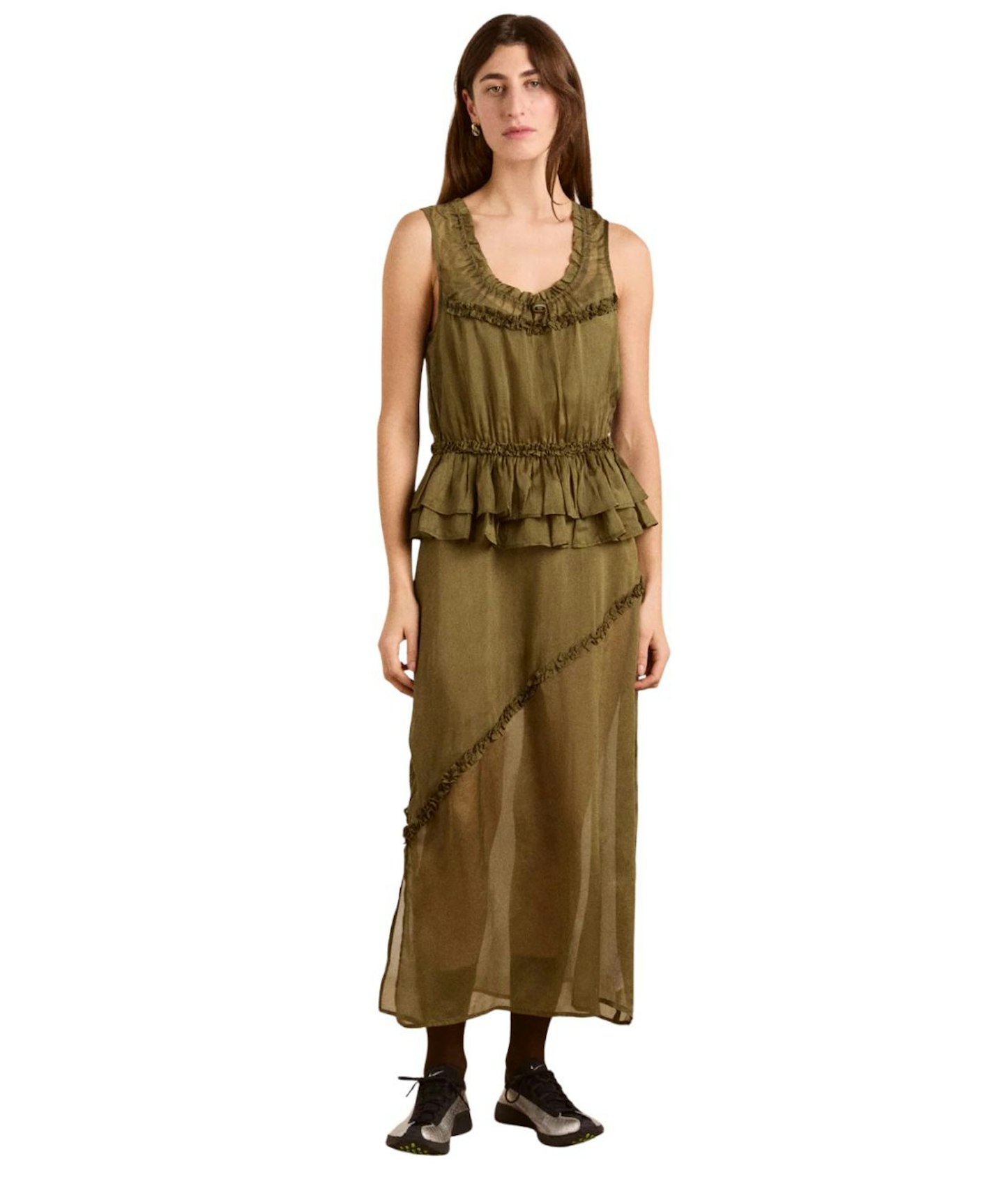 green emerald velvet dress Becca Midi Dress in Tropical Business Stripe – Isalis main image 1