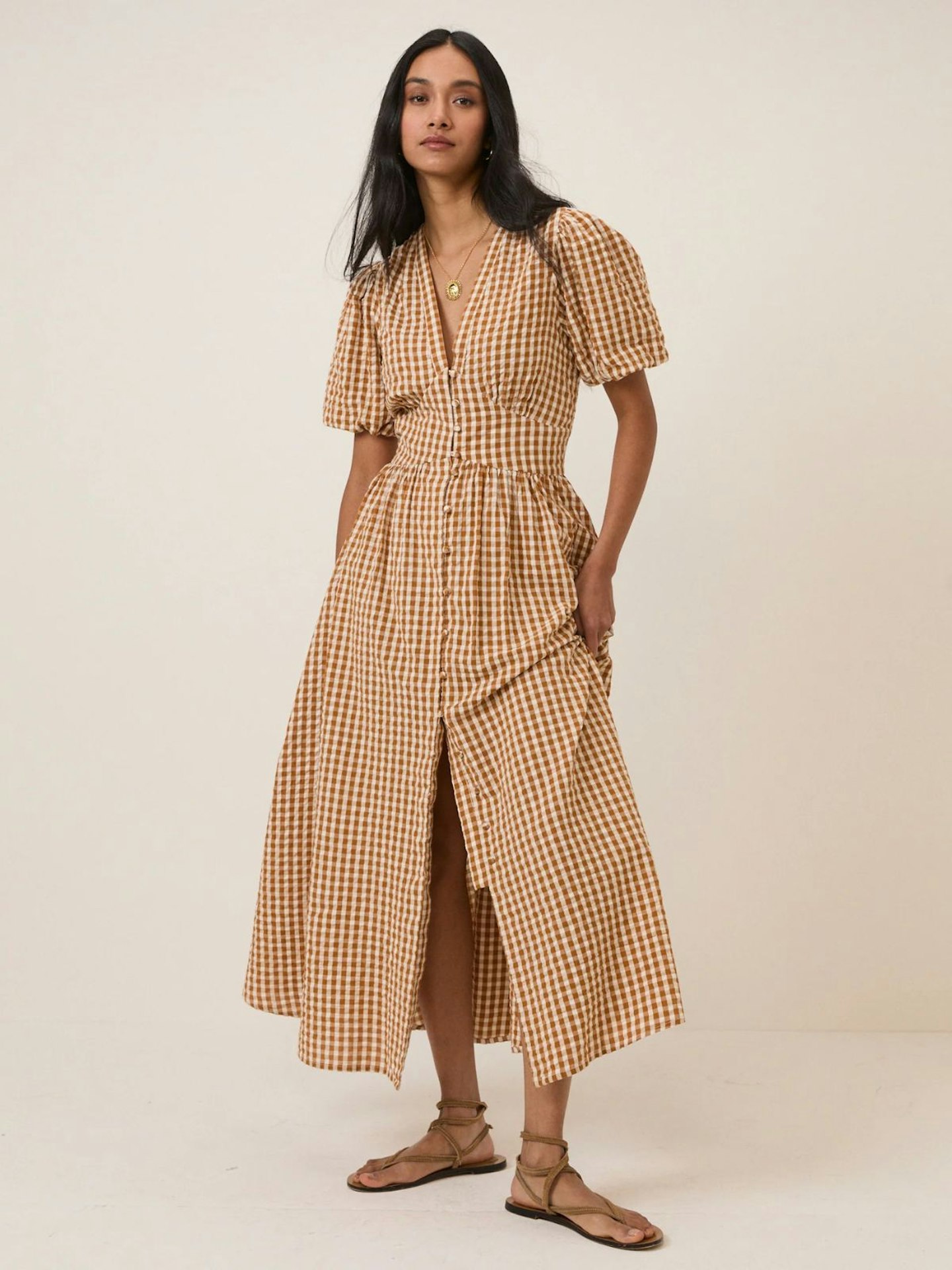 green gingham starlight midi dress Nobody's Child Starlight Gingham Puff Sleeve Cotton Dress in Green