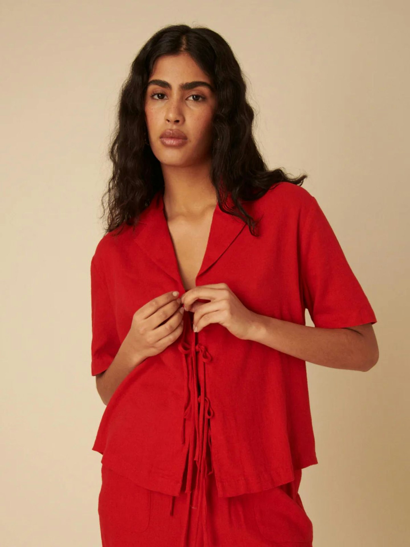 Red Linen-Blend Tie Front Shirt