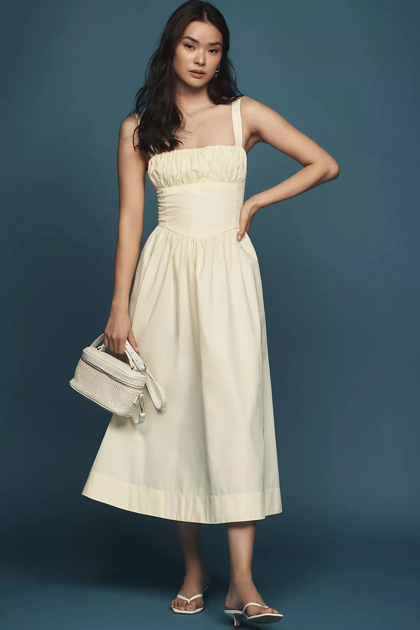 Drop-Waist Ruched Midi Dress