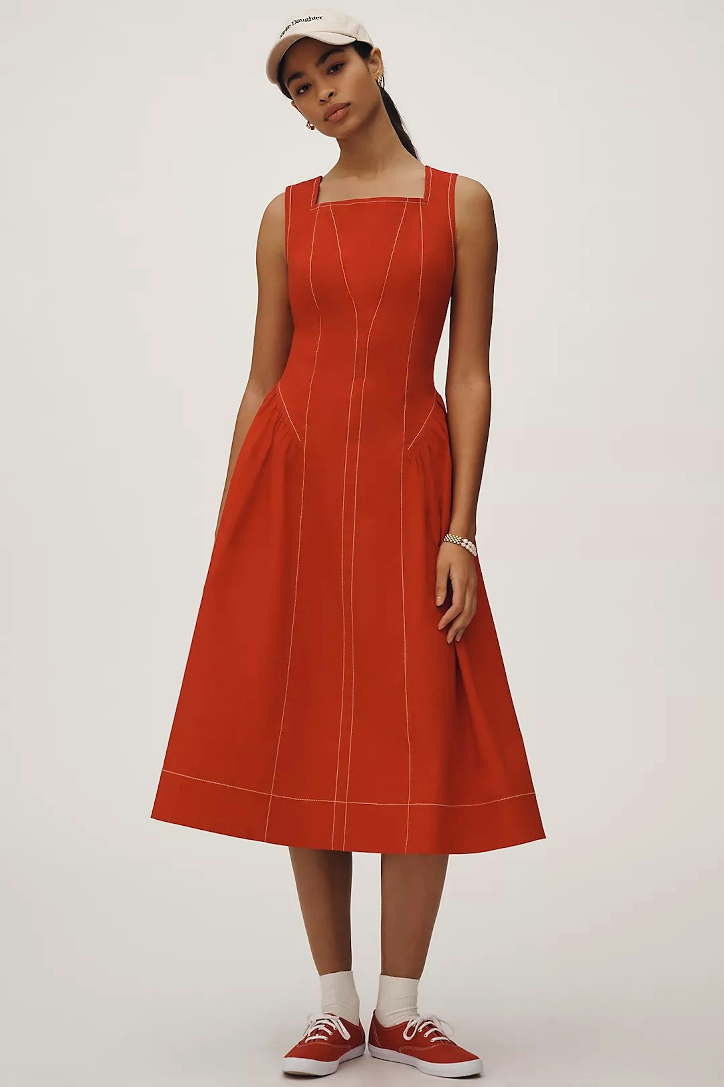 High-Neck Seamed Midi Dress