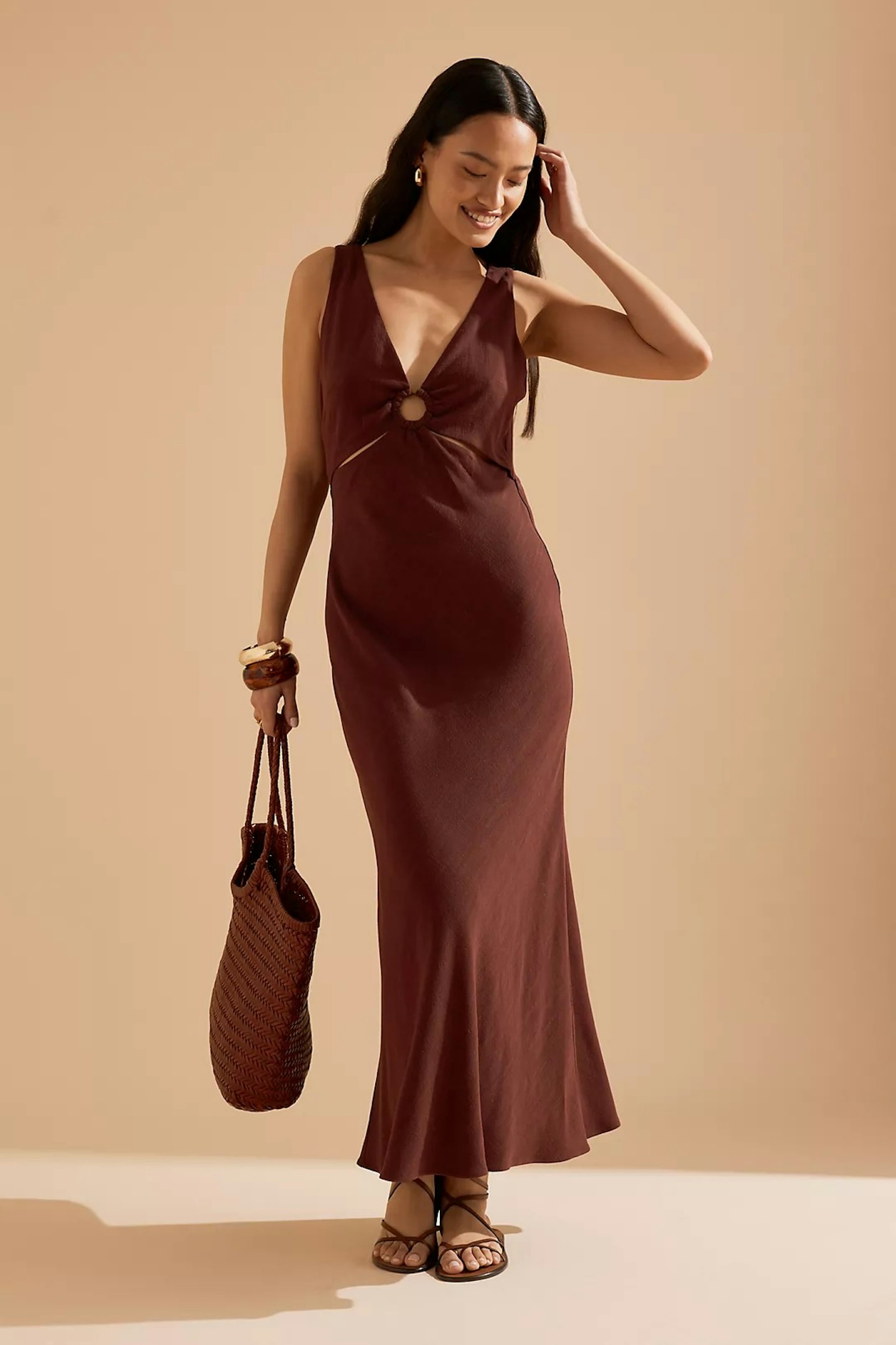 Lola V-Neck Linen-Blend Midi Dress