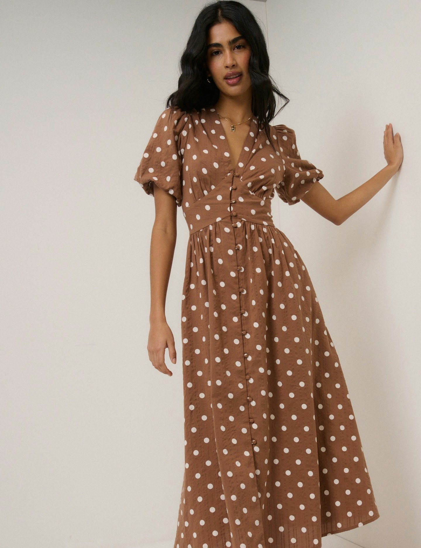 stylish midi dresses for women Just For Today Brown Ditsy Floral Midi Dress – Shop the Mint