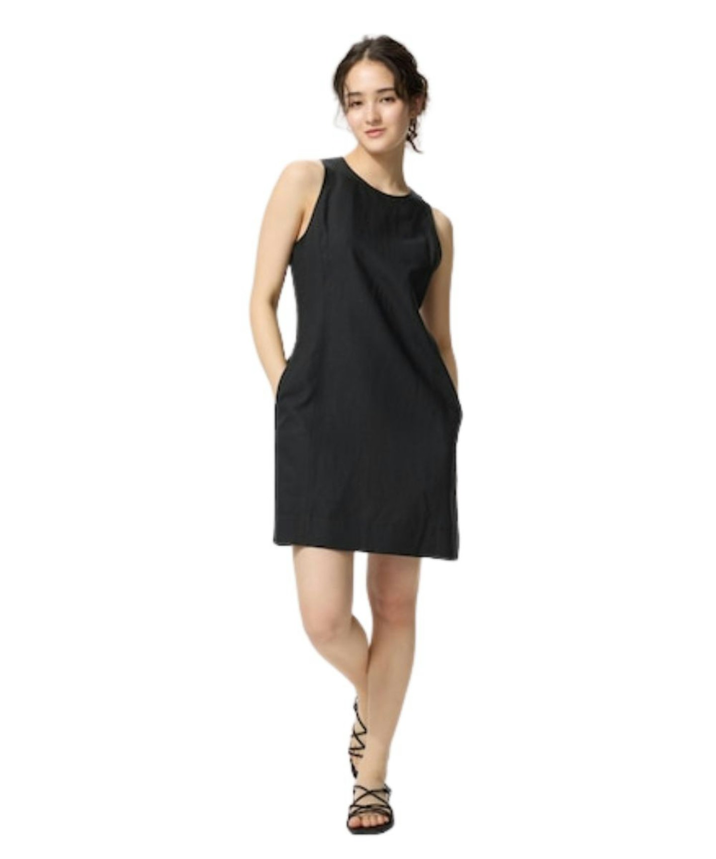 Linen Blend Mini Dress in Black
