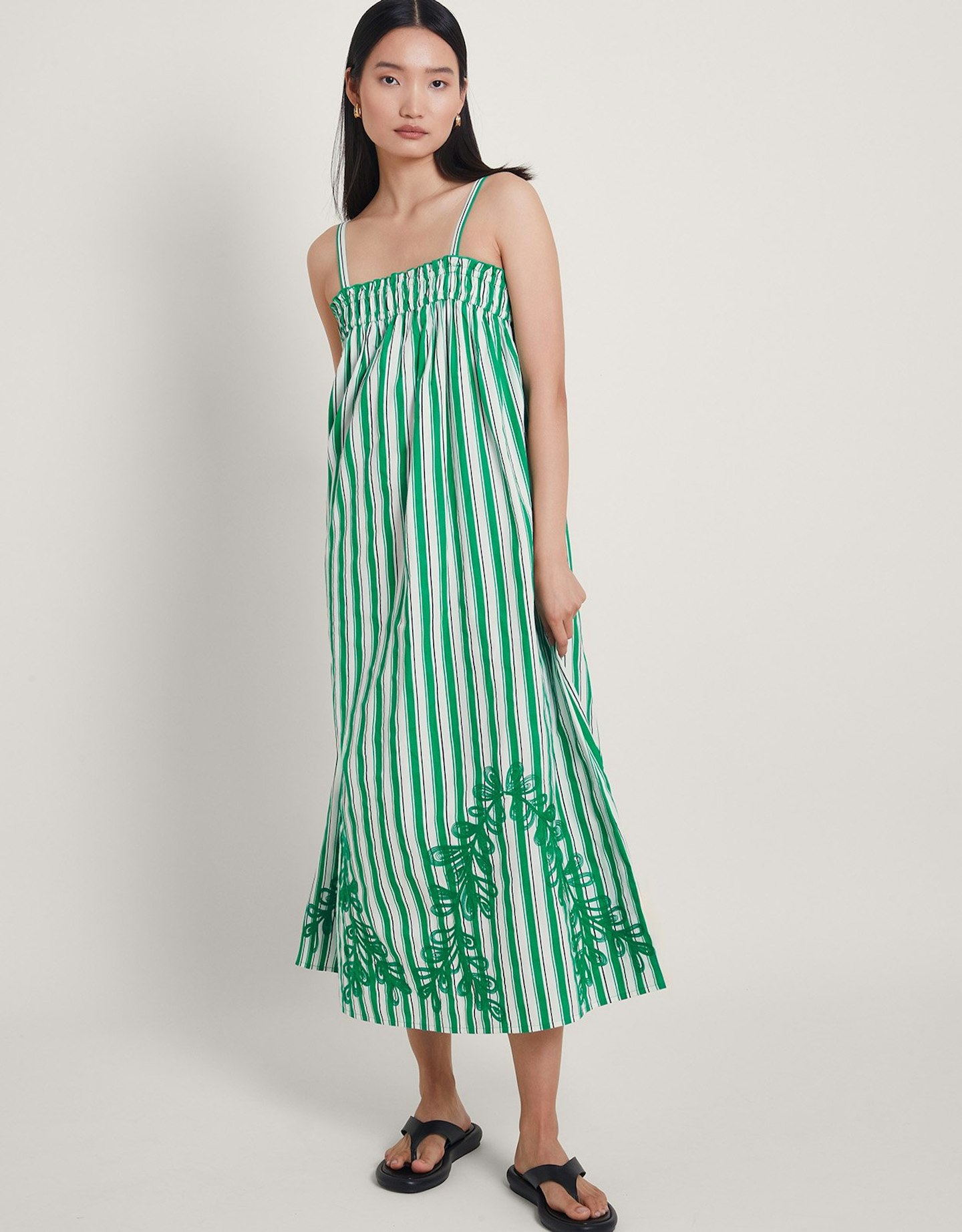 Monsoon, Dorita Sleeveless Stripe Embroidered Midi Dress Green