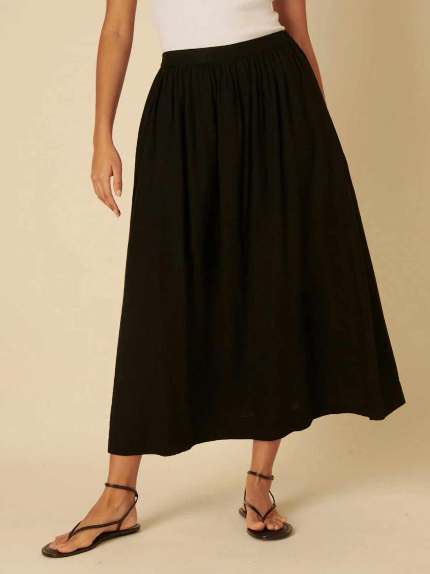 Nobody's Child, Black Linen-Blend A-Line Midi Skirt