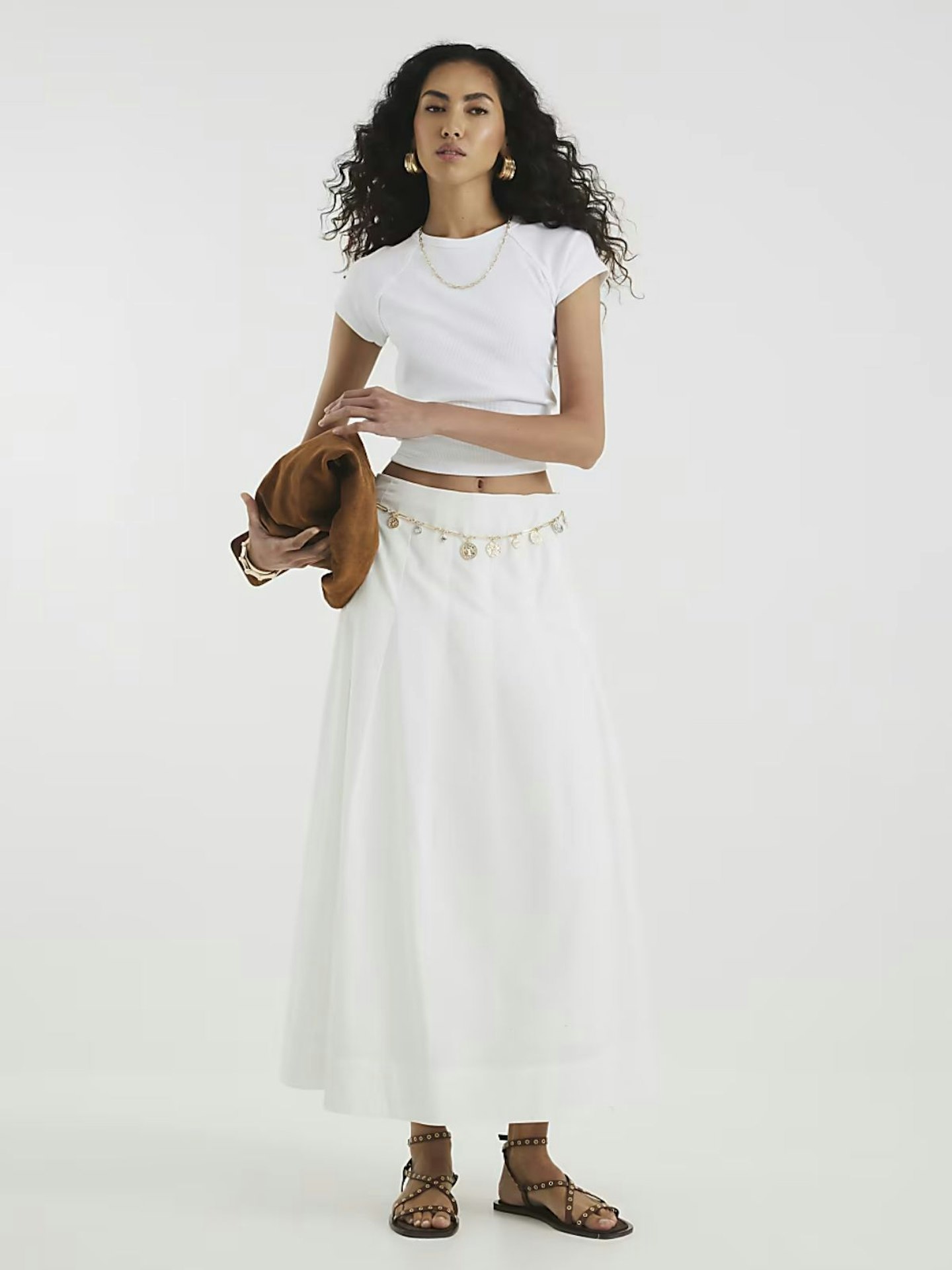 River Island, White A Line Poplin Midi Skirt