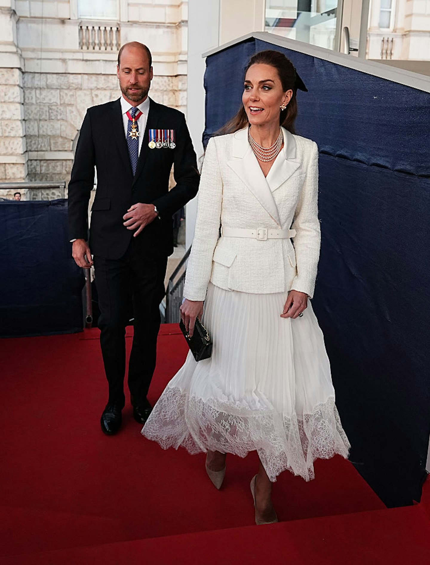 William, Prince of Wales and Catherine, Princess of Wales arrive to attend a concert celebrating the 80th Anniversary of VE Day, held at the historic Horse Guards Parade on May 8, 2025 in London, England.