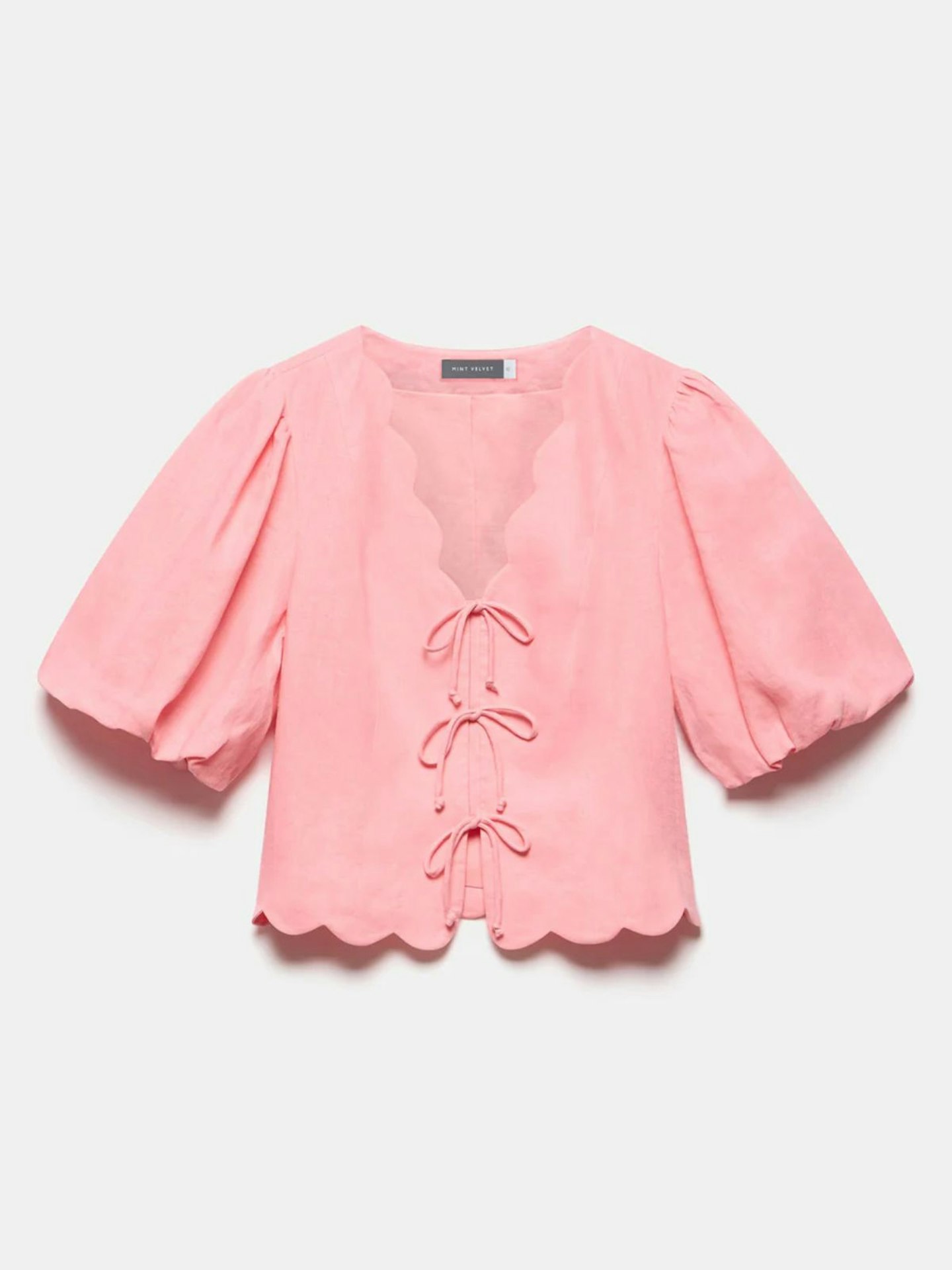 Linen Scallop Tie Front Top