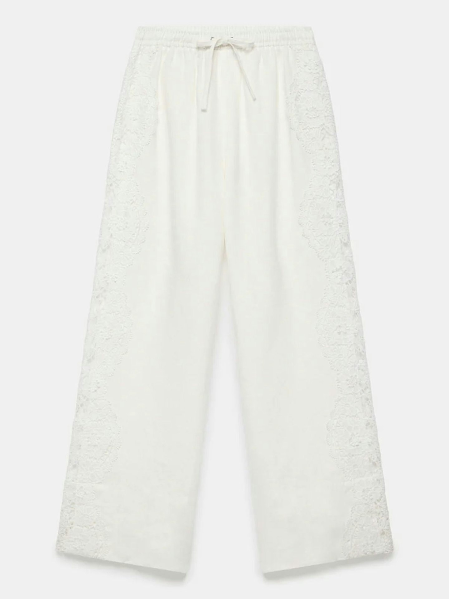 White Linen Lace Trim Wide Trousers