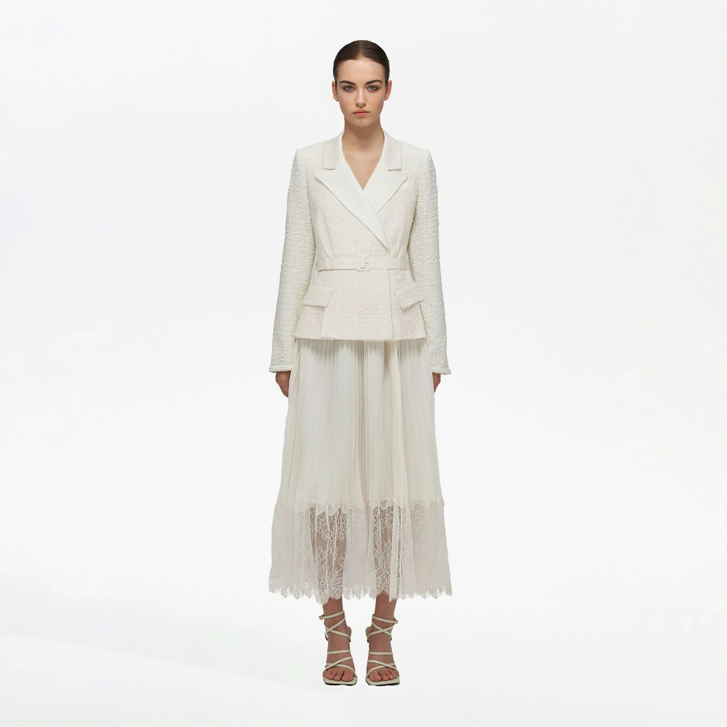 Self-portrait Cream Tailored Bouclé and Chiffon Midi Dress