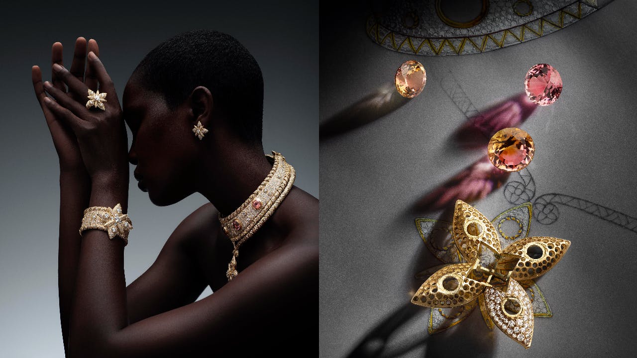Luxury gold jewellery display on dark velvet background