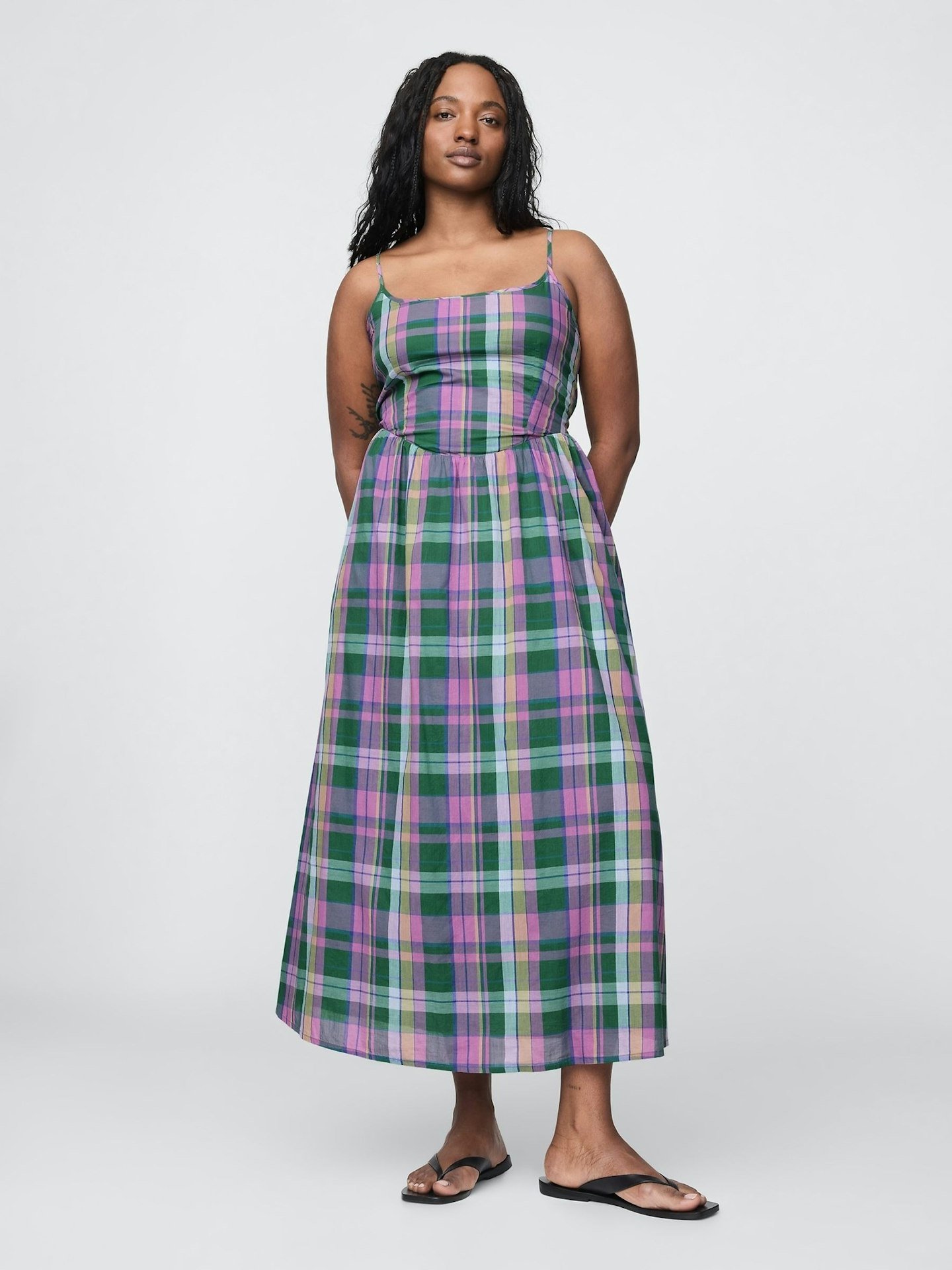 Gap Green Check Drop-Waist Maxi Dress