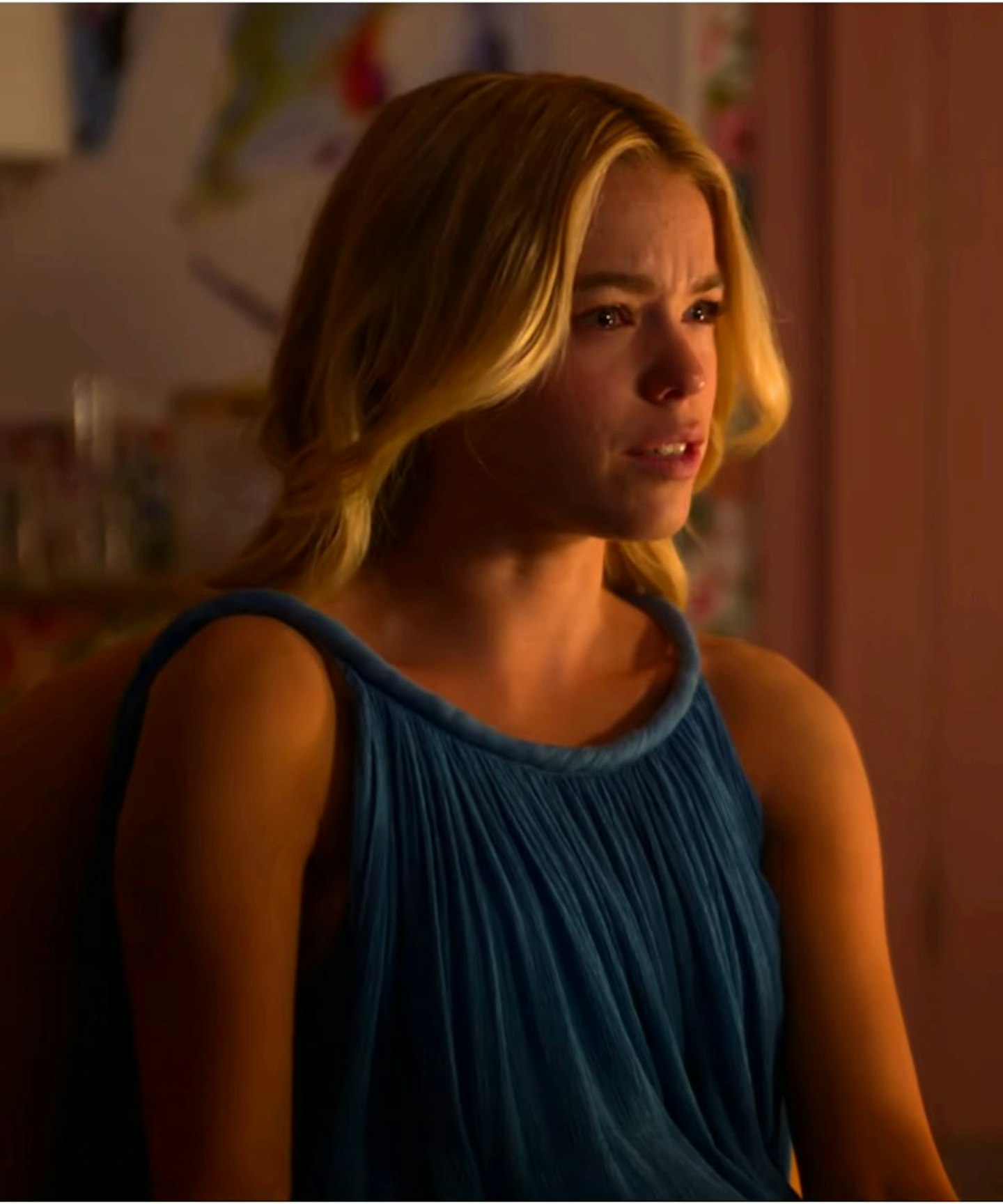 Netflix's sirens outfits Milly Alcock as Simone wearing a blue Chloe dress