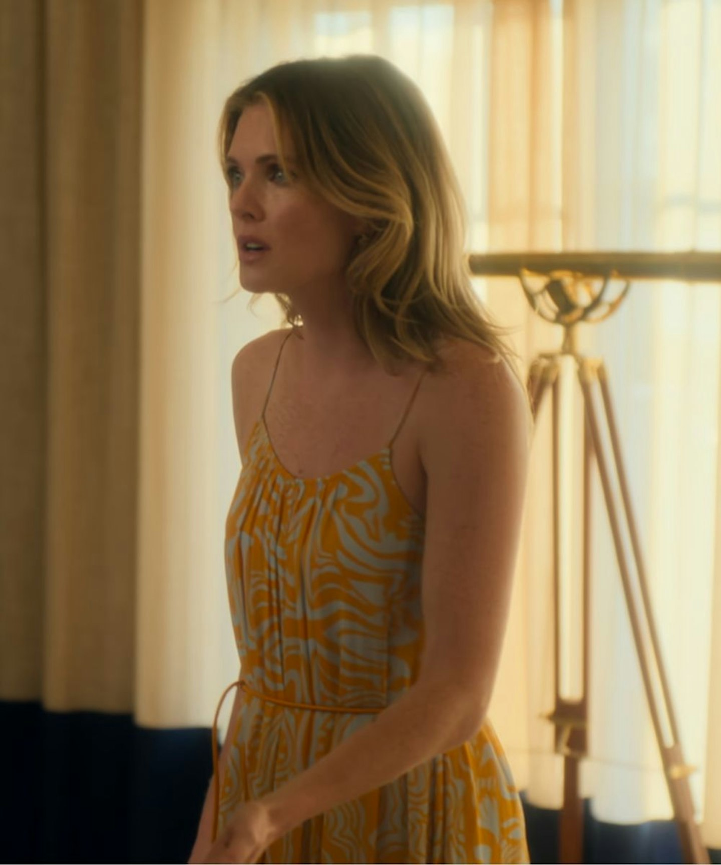 Netflix's sirens outfits Meghann fay as Devon wearing a yellow patterned maxi