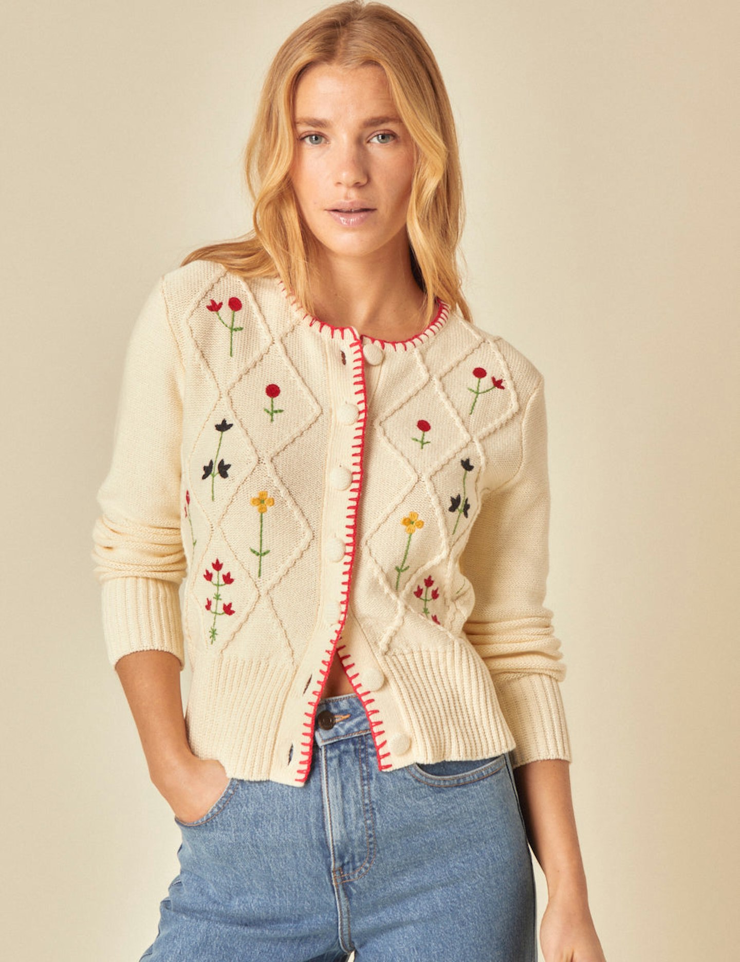Nobody's Child, Cream Embroidered Floral Cable Knit Cardigan
