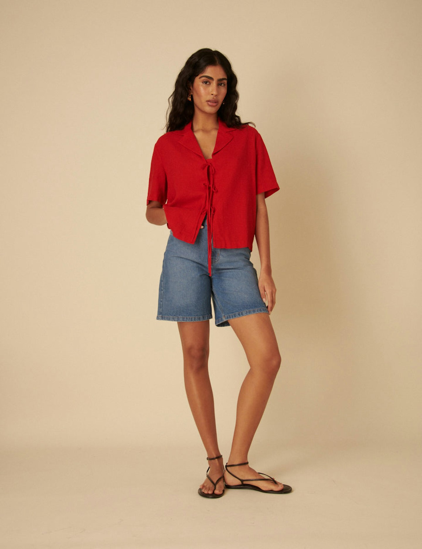 Nobody's Child, Red Linen-Blend Tie Front Shirt
