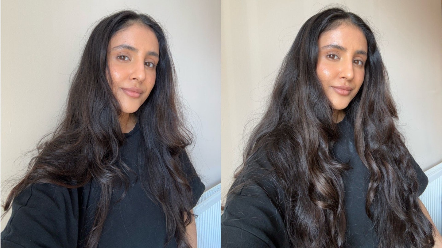Sameeha Shaikh, beauty writer, before (L) and after using the Beauty Works x Huda hair extensions