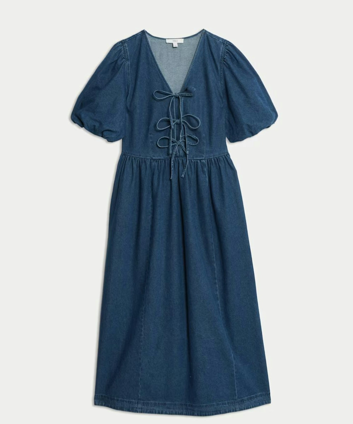 Denim V-Neck Tie Detail Midi Waisted Dress