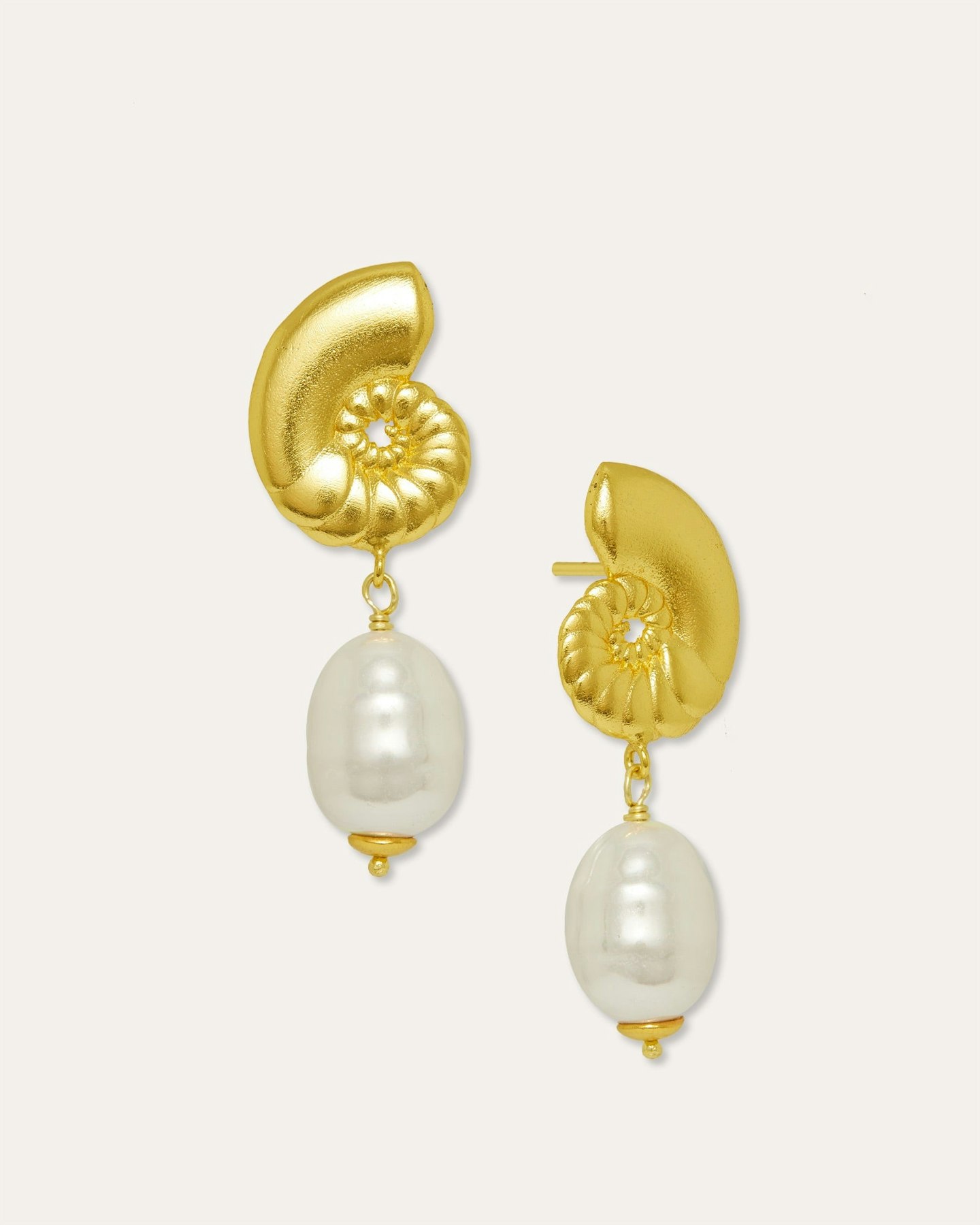 Ottoman Hands, Nautilus Seashell Pearl Drop Stud Earrings