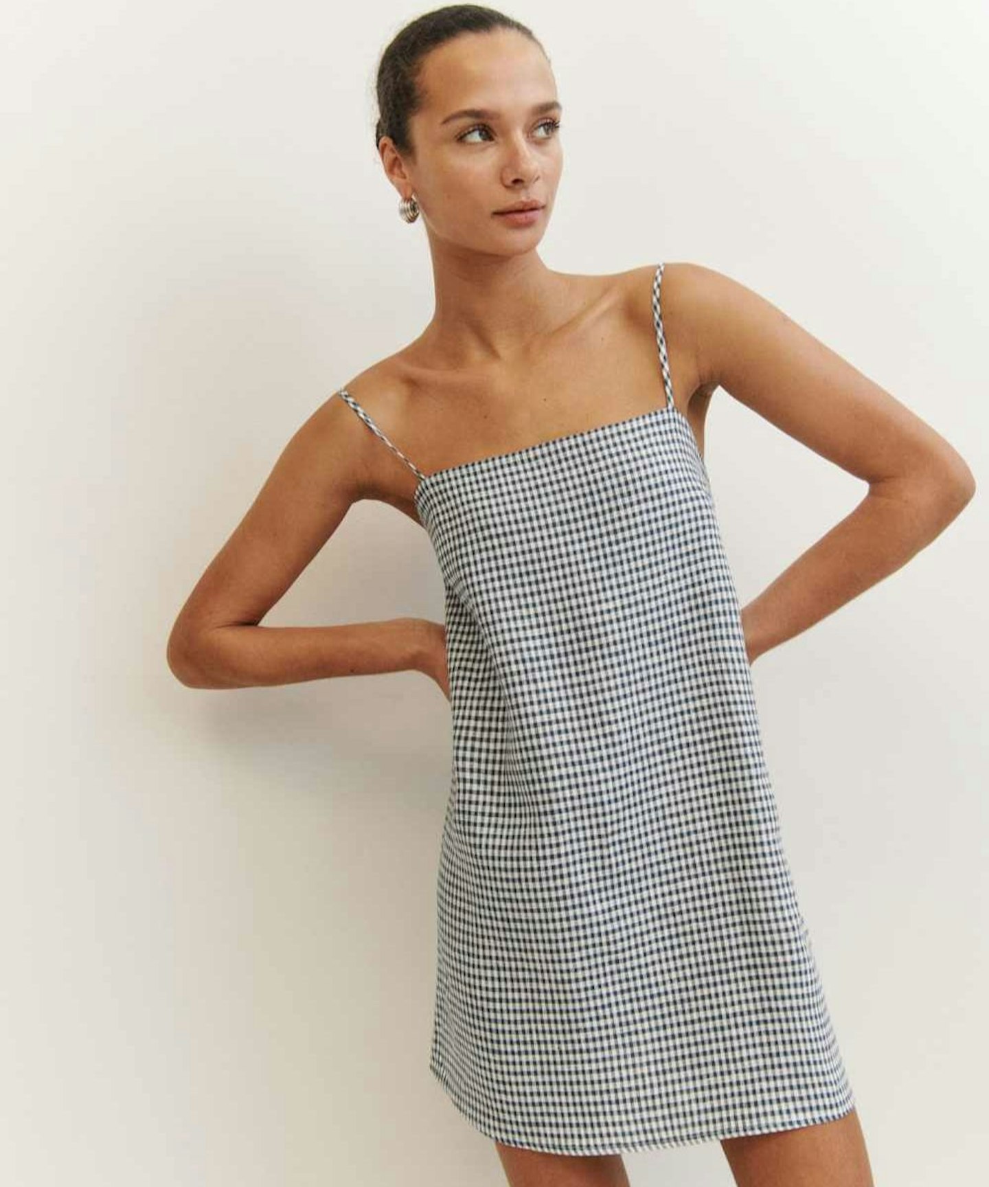 Reformation, Aubree Linen Dress in Slate Check