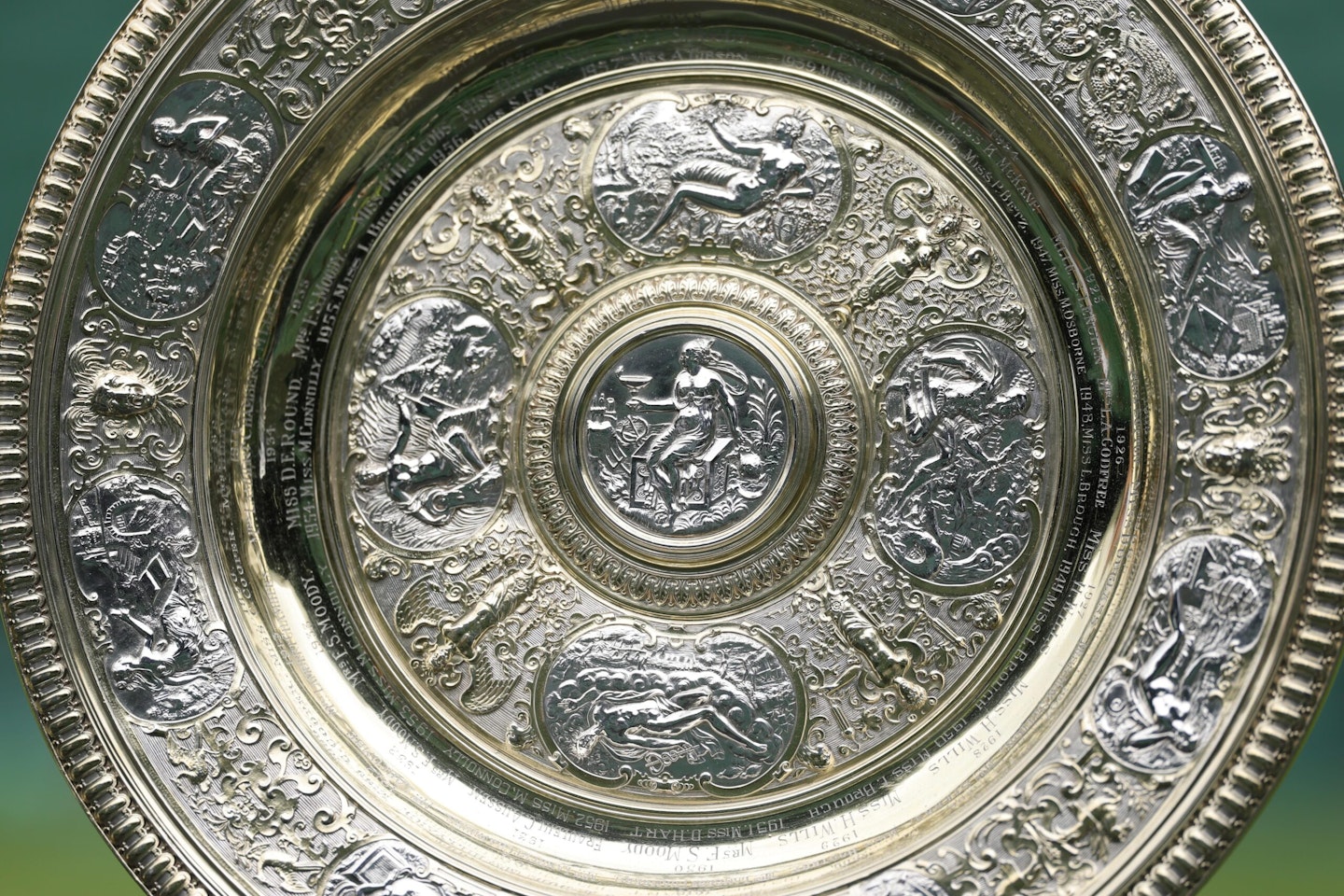 A detailed view of the Ladies' Singles Trophy, the The Venus Rosewater Dish