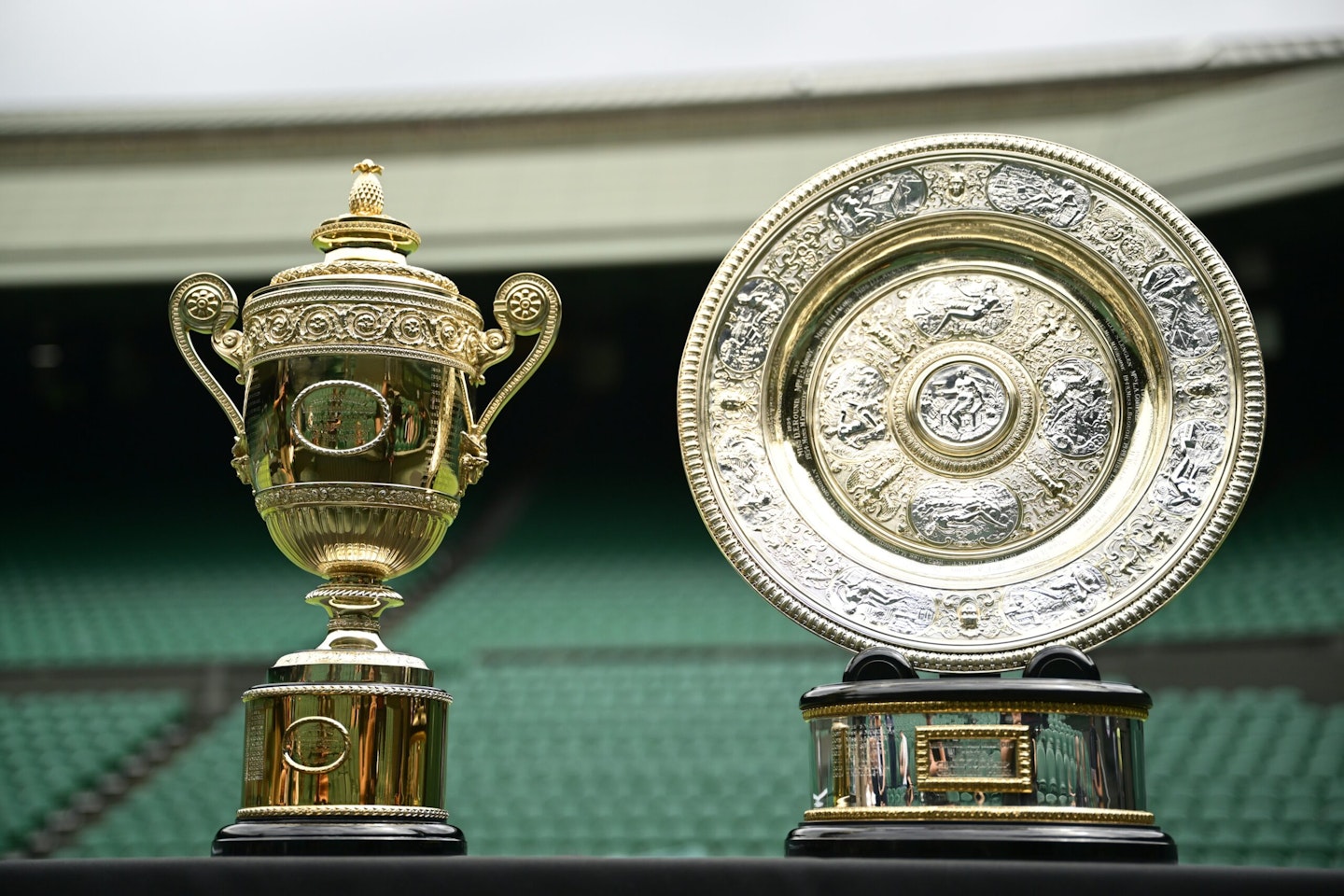 A general view of the Gentlemen's Singles Trophy, The Cup, and Ladies' Singles Trophy, the The Venus Rosewater Dish, prior to The Championships Wimbledon 2025