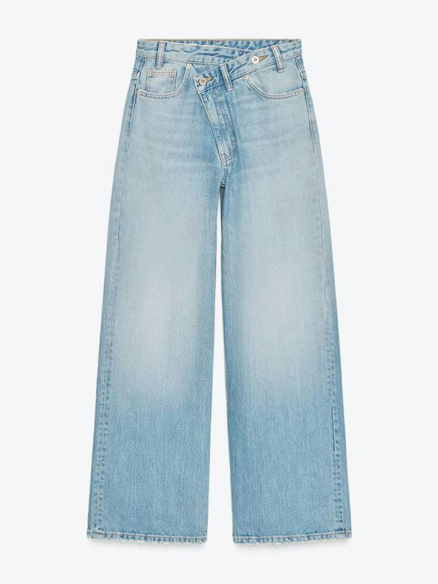Zara, TRF Wide-Leg High-Waist Jeans With Crossover Waist - Light Blue