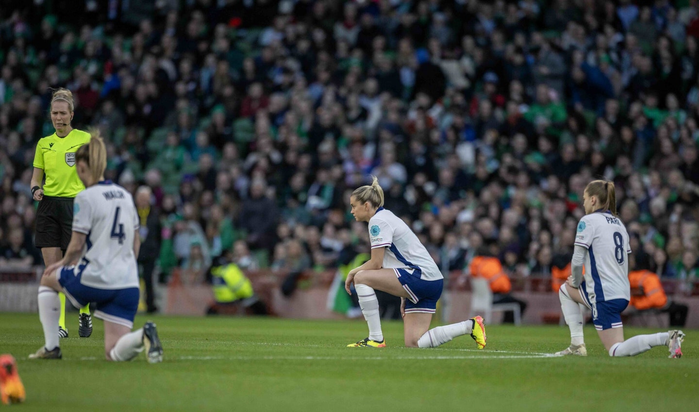 England Women's team taking the knee in 2024.