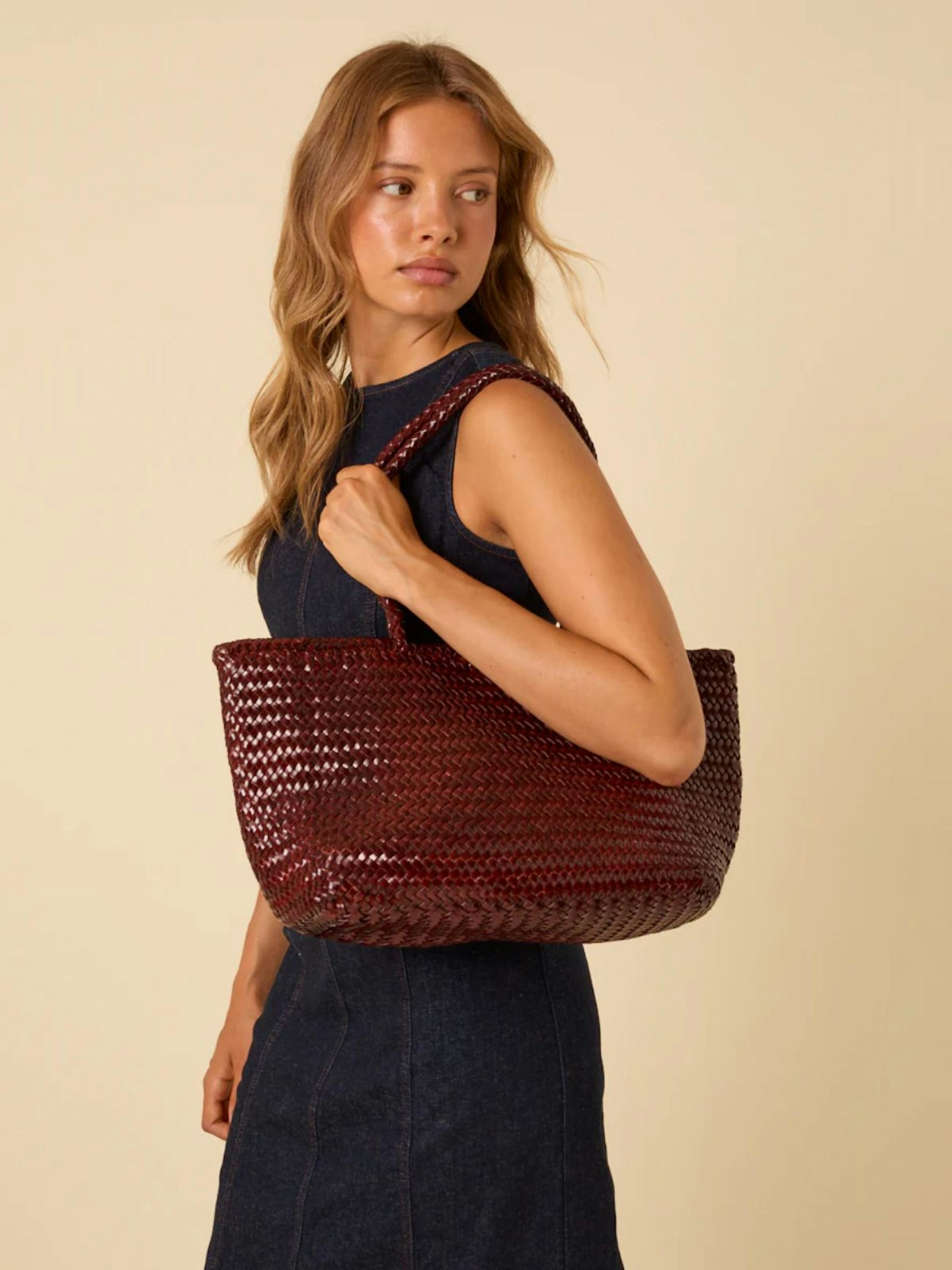 Ellyla, Woven Leather Tote Bag - Burgundy