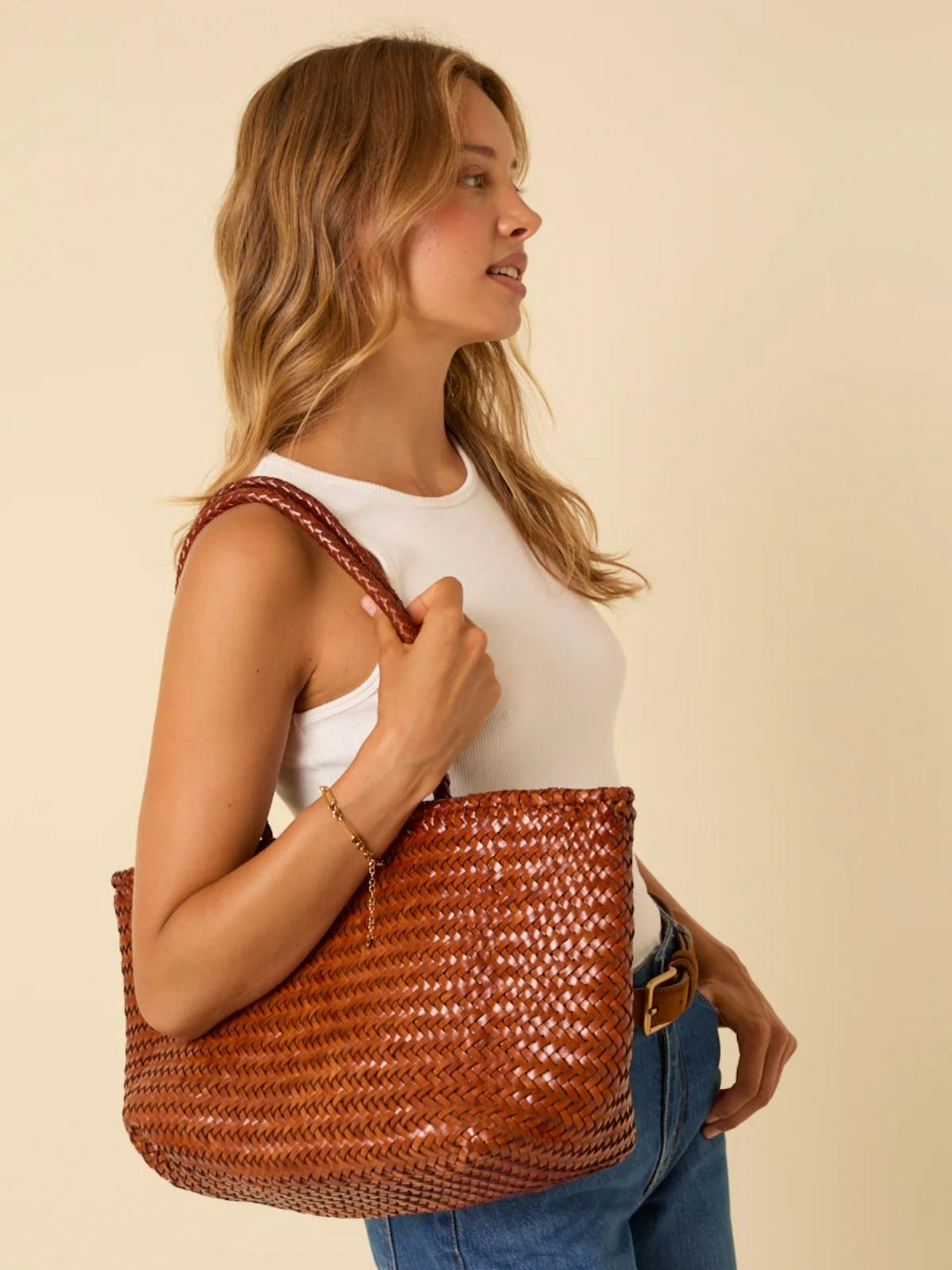 Ellyla, Tan Woven Leather Tote Bag