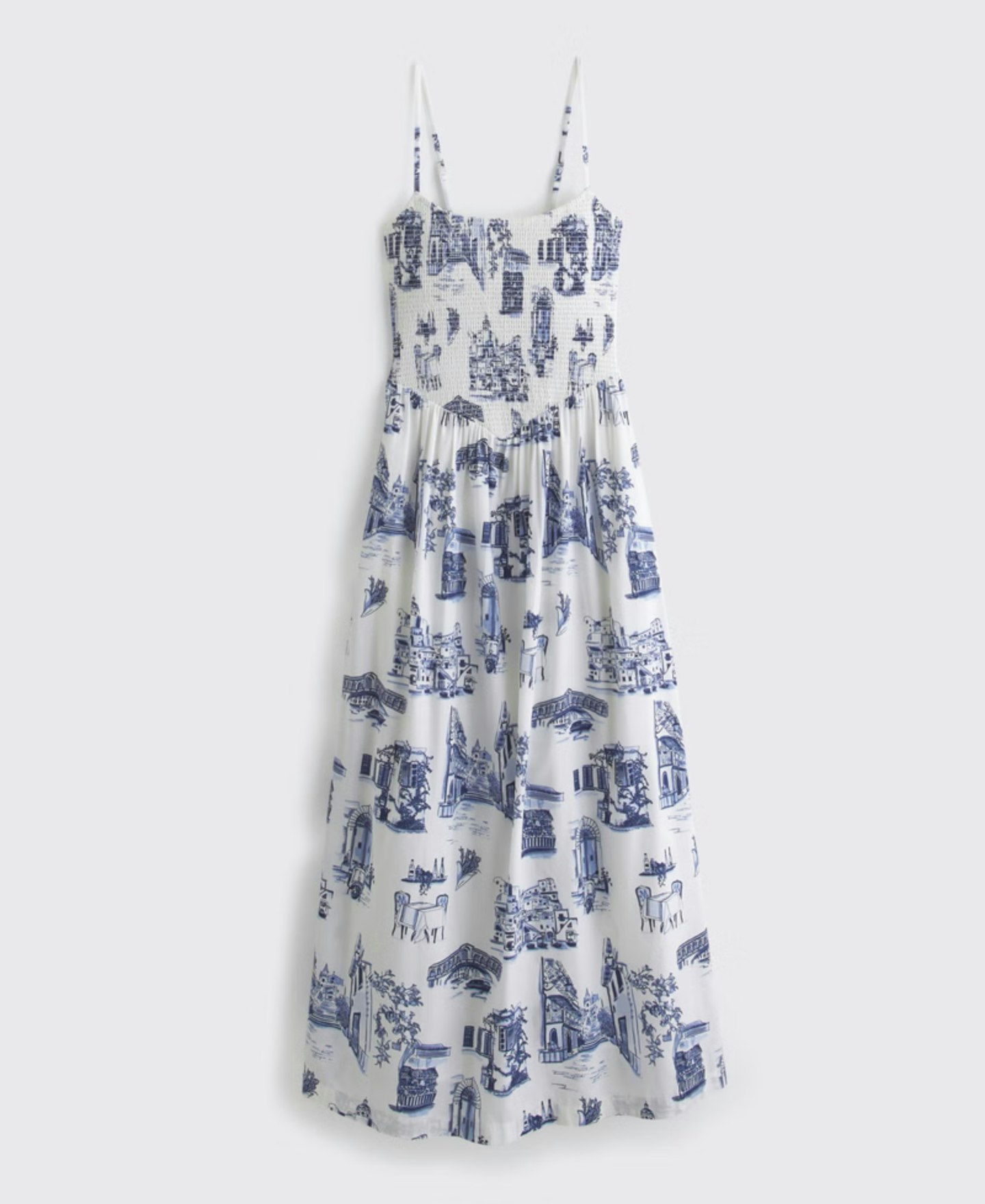 Dipped Smocked Midi Dress, Blue Print