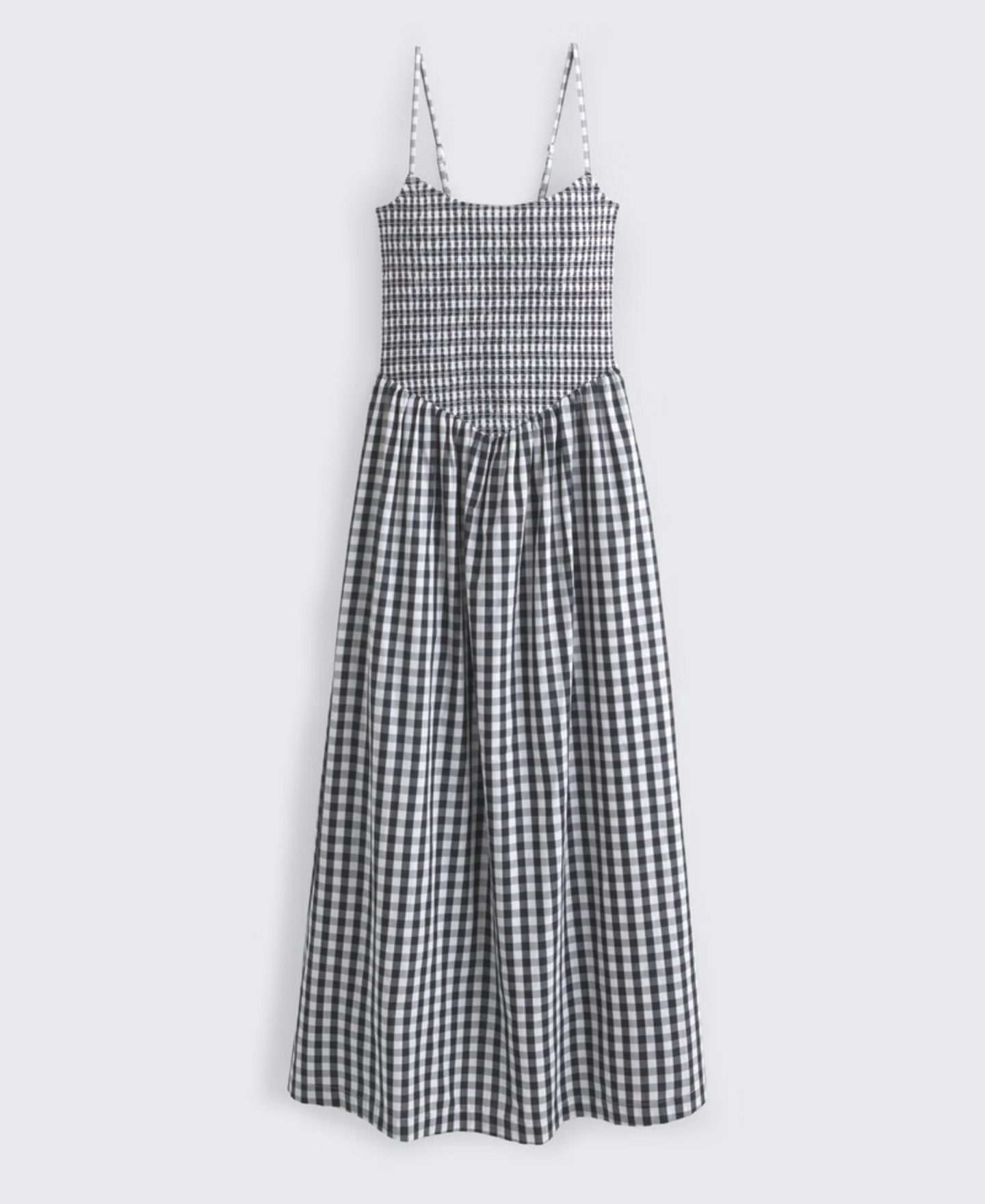 Dipped Smocked Midi Dress, Black Gingham