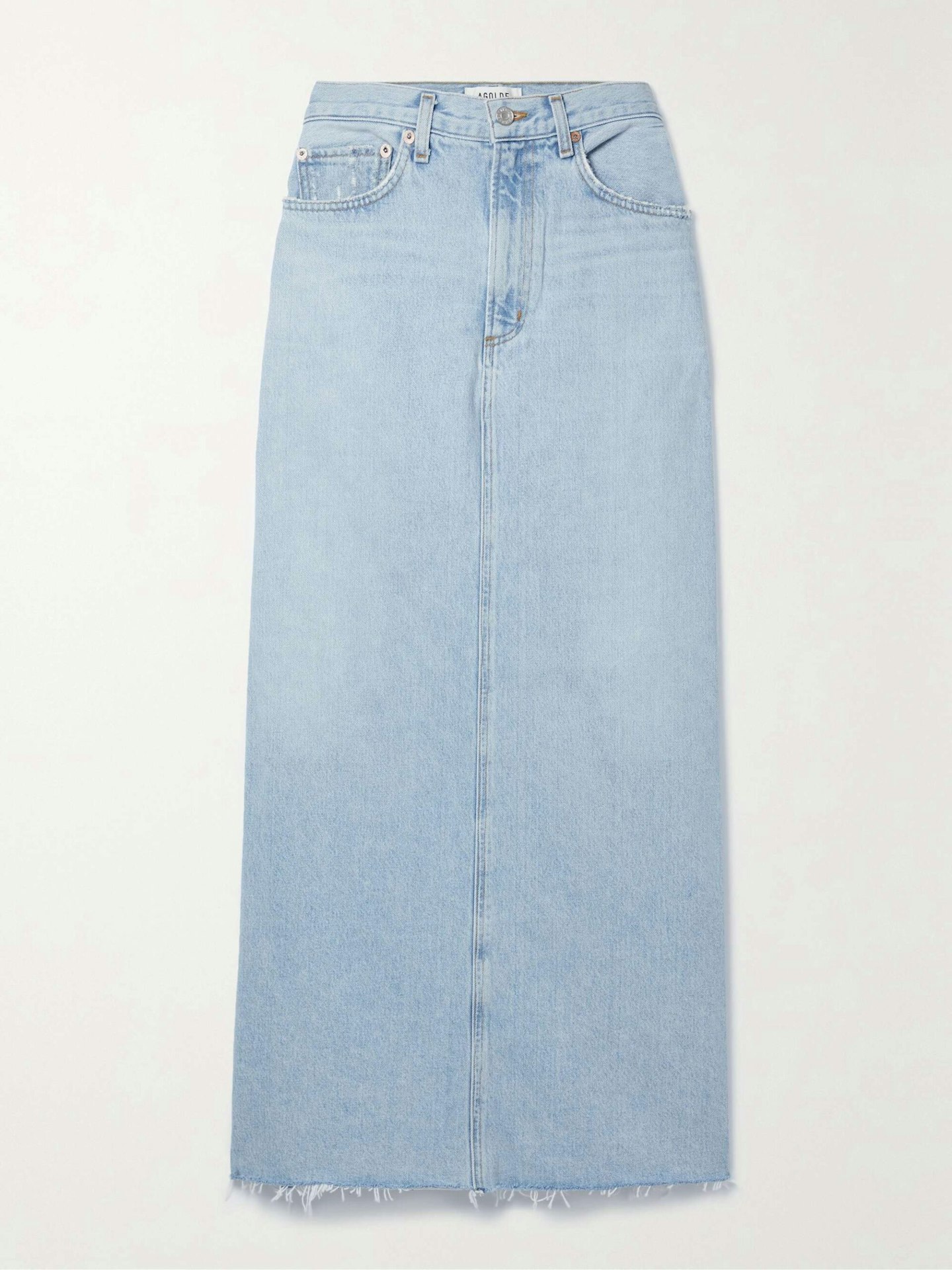 Agolde, Hilla Frayed Organic Denim Maxi Skirt
