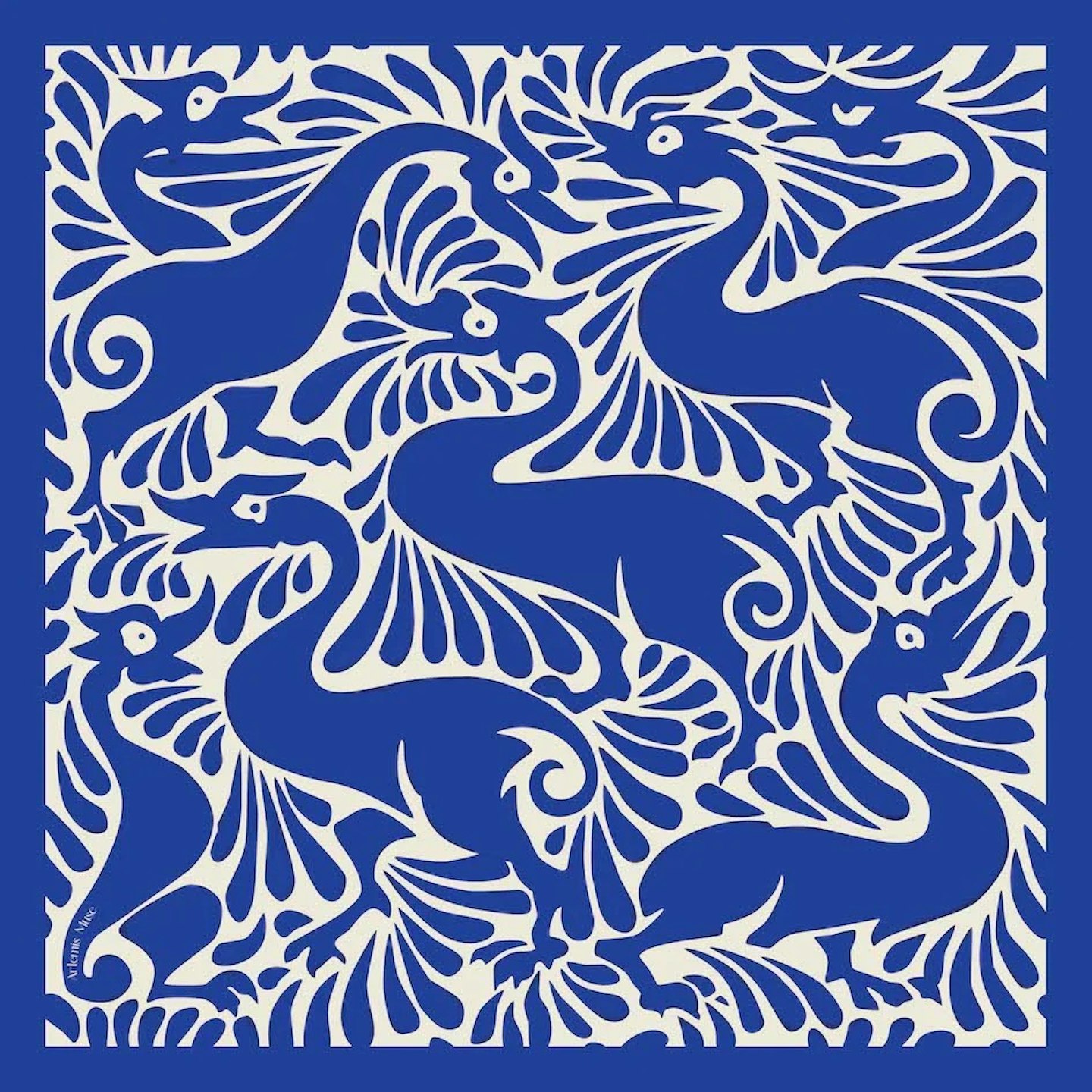 Artemis Muse, William De Morgan Fantastic Ducks Ivory & Electric Blue Luxury Silk