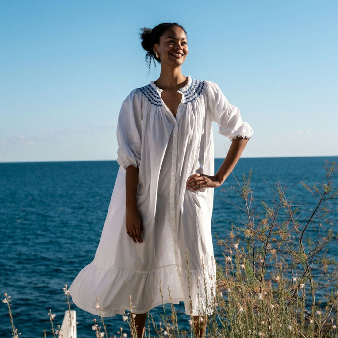 Smock London, Hypatia Dress WIth Sapphire Hand Smocking