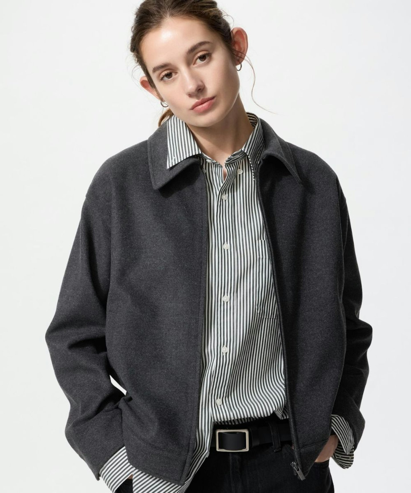 Brushed Jersey Zip-Up Blouson in Dark Grey