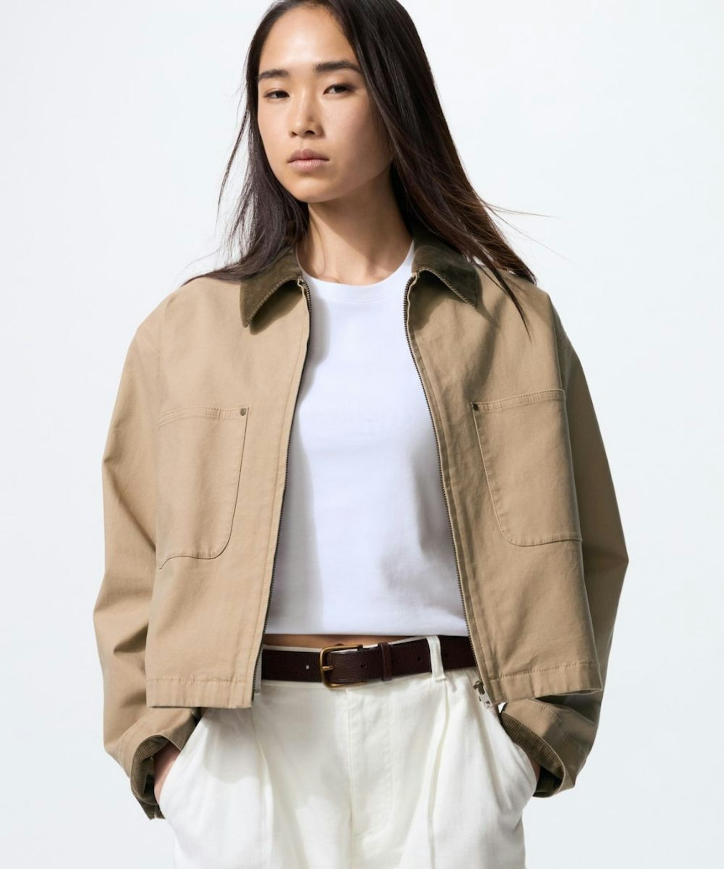 Zip-Up Short Jacket in Beige uniqlo