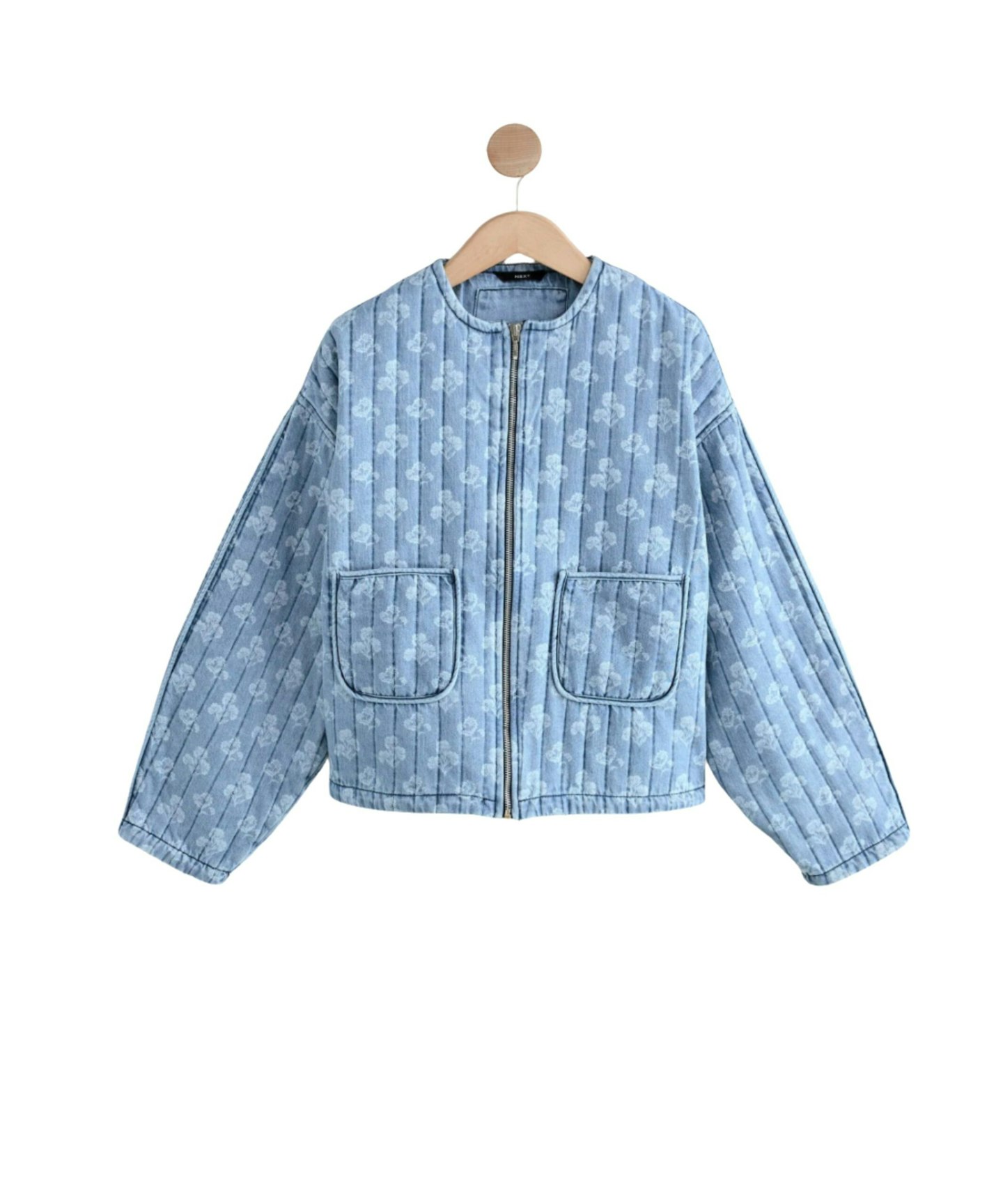 Blue Quilted Floral Print Denim Jacket