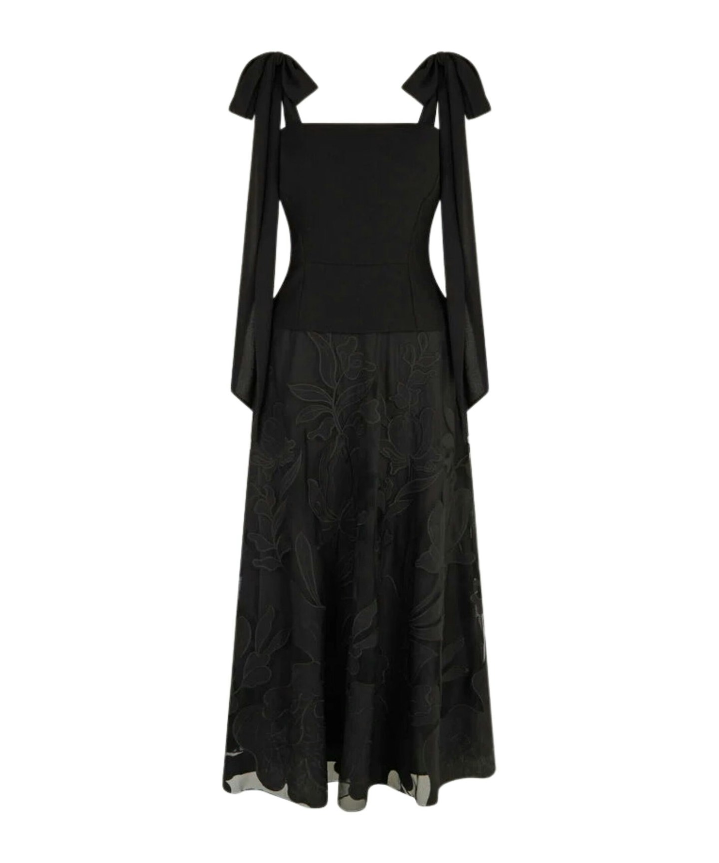 Briana Tie Floral Appliqué Midi Dress – Black