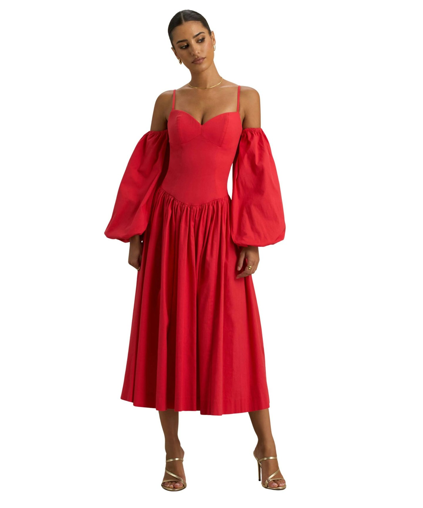 Club London MACIE RED SWEETHEART MIDI DRESS WITH BALLOON SLEEVES