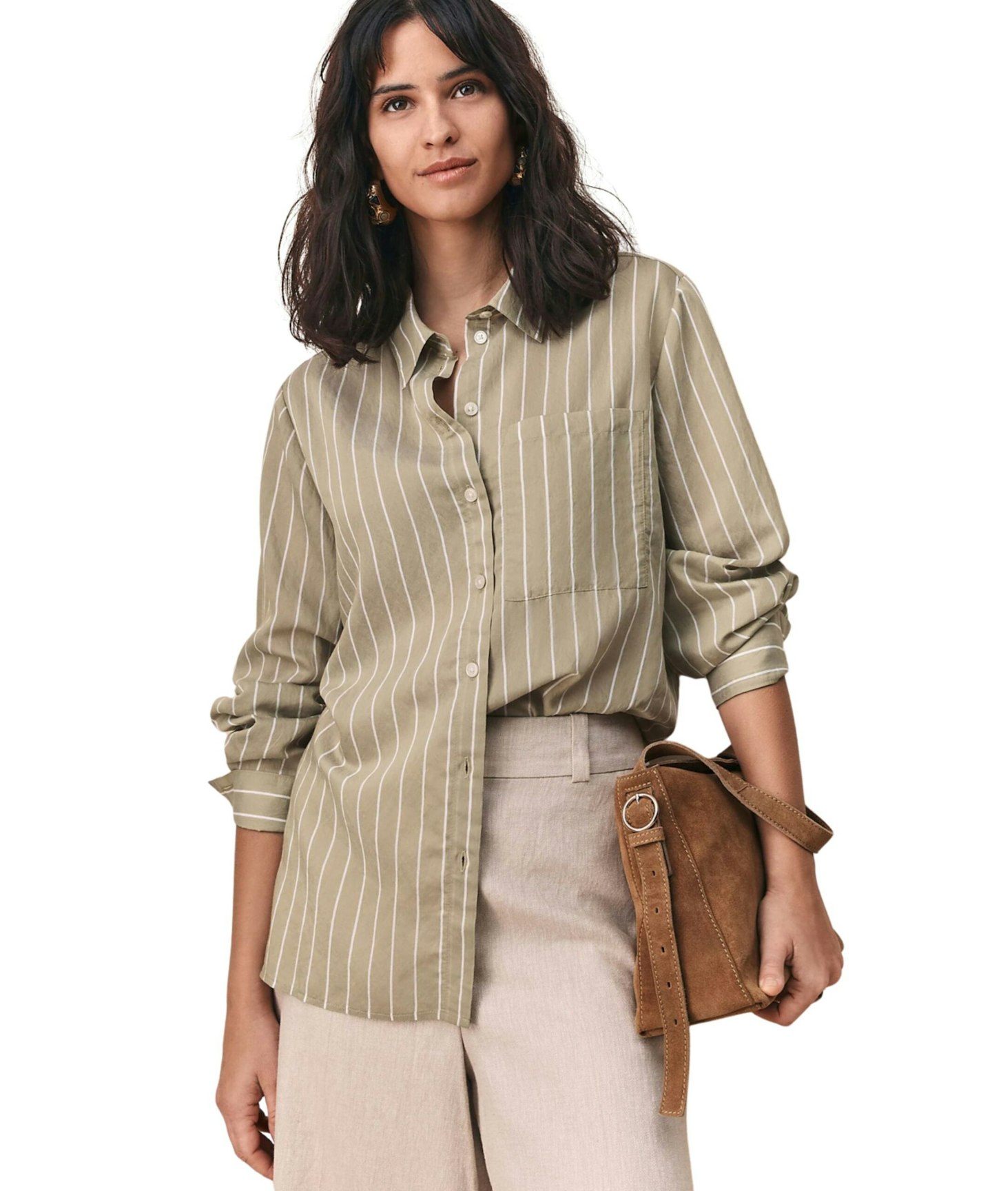 Green_White Stripe Long Sleeve Lightweight Button Down Shirt