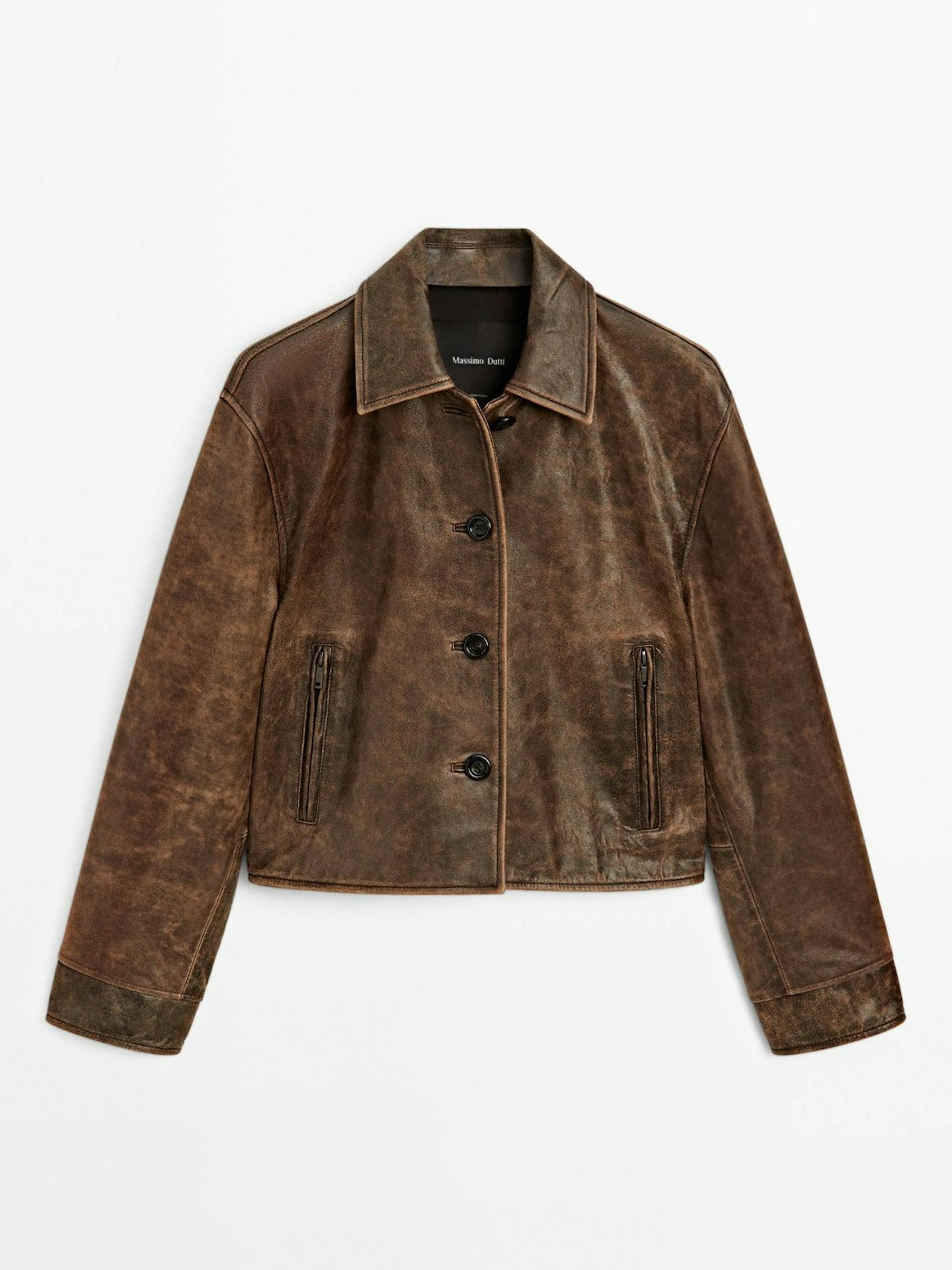 Massimo Dutti, Distressed Effect Nappa Leather Cropped Jacket